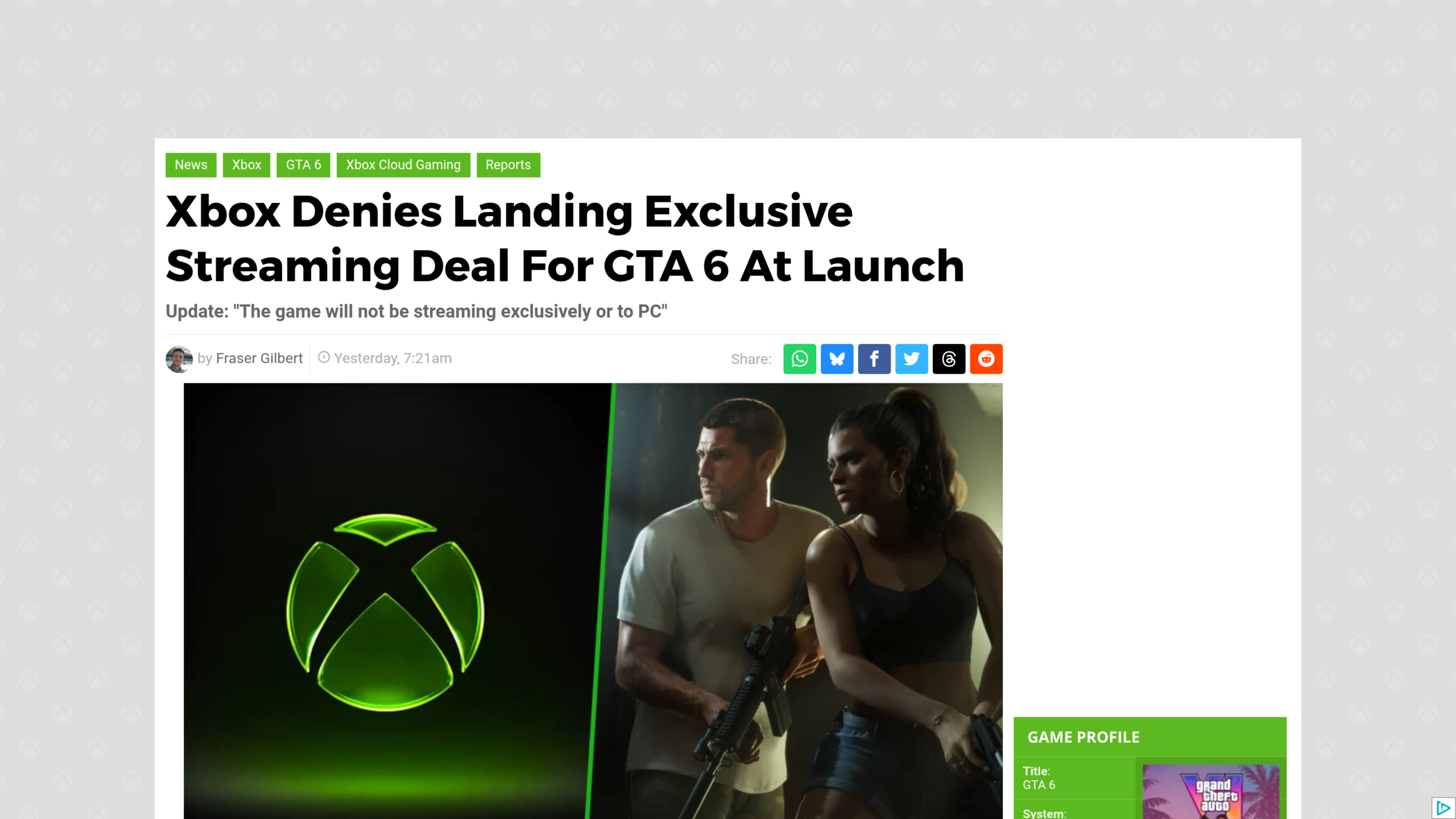 Article de Pure Xbox signé Fraser Gilbert le 7 octobre 2026, titré sur le démenti de Xbox, avec le sous-titre sur l'absence d'exclusivité et de version PC