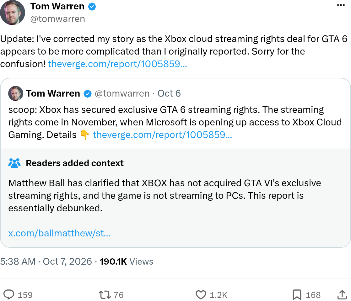 Message de Tom Warren sur X le 7 octobre 2026 corrigeant son scoop du 6 octobre sur le streaming de GTA 6, avec une note de communauté concluant que le reportage est démenti