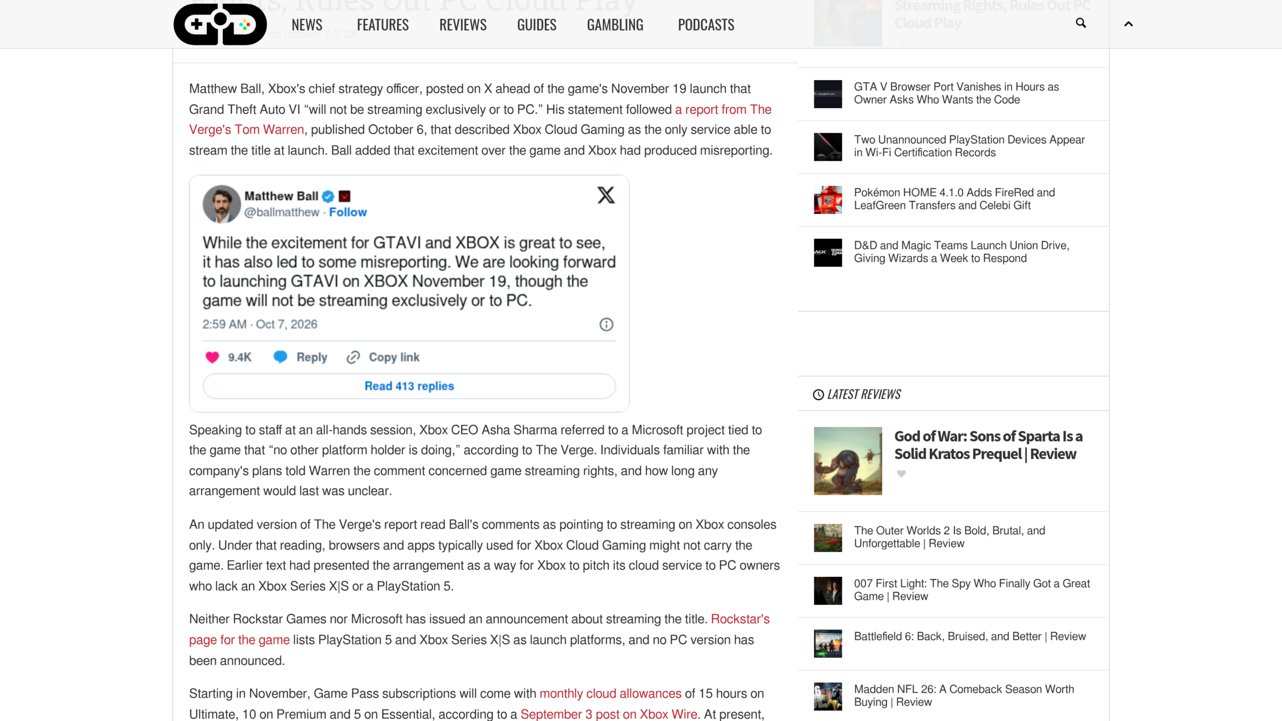 Article de God is a Geek d'octobre 2026 reprenant le message de Matthew Ball et les plafonds d'heures de streaming du Game Pass