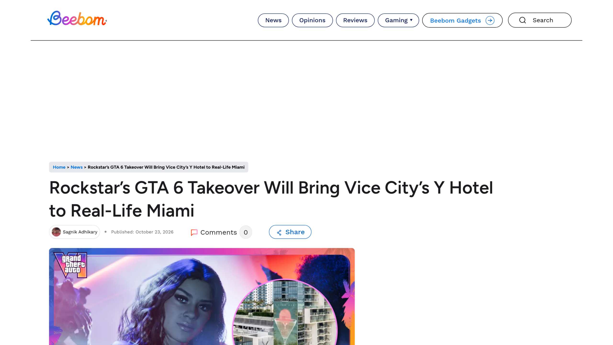 Page de Beebom intitulée « Rockstar's GTA 6 Takeover Will Bring Vice City's Y Hotel to Real-Life Miami », avec un visuel de GTA 6 et la façade d'un hôtel