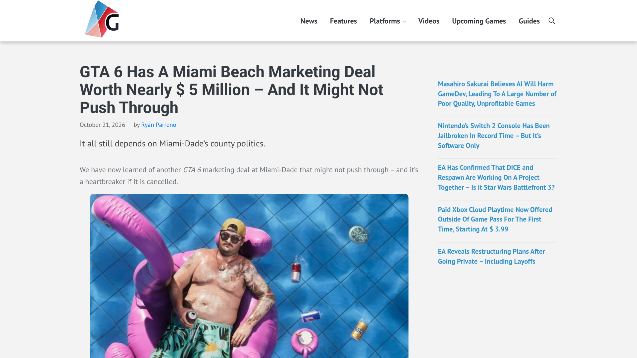 Page de Gameranx sur l'accord marketing GTA 6 à Miami Beach, avec un homme allongé sur une bouée flamant rose dans une piscine