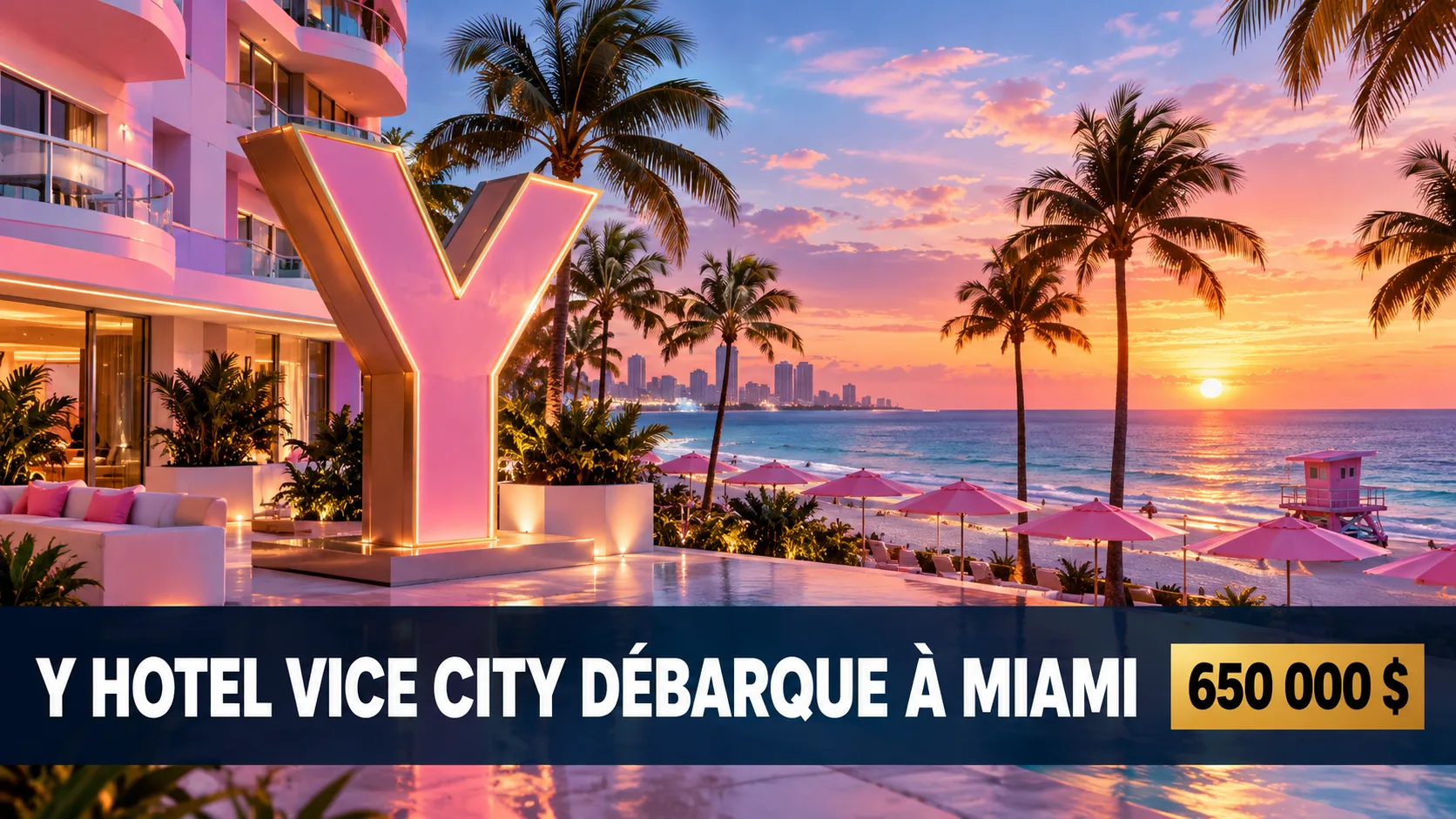 Terrasse d'un hôtel de front de mer rose avec un grand Y doré, plage de Miami au coucher du soleil, bandeau « Y HOTEL VICE CITY DÉBARQUE À MIAMI » et mention « 650 000 $ »