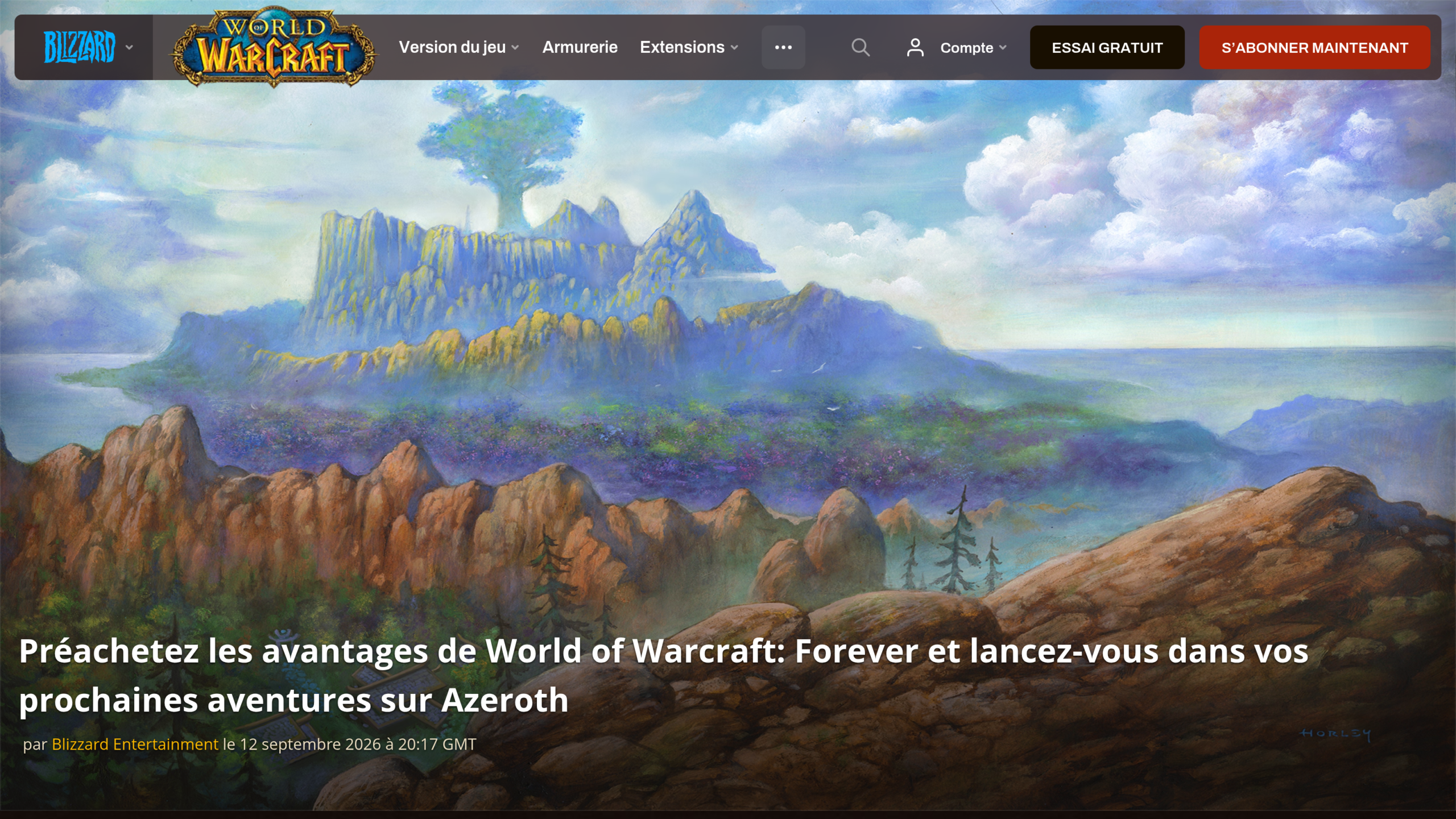 Titre de l'annonce de Blizzard sur les éditions de World of Warcraft: Forever à préacheter, signée Blizzard Entertainment le 12 septembre 2026, devant un paysage peint d'un grand arbre sur un plateau rocheux
