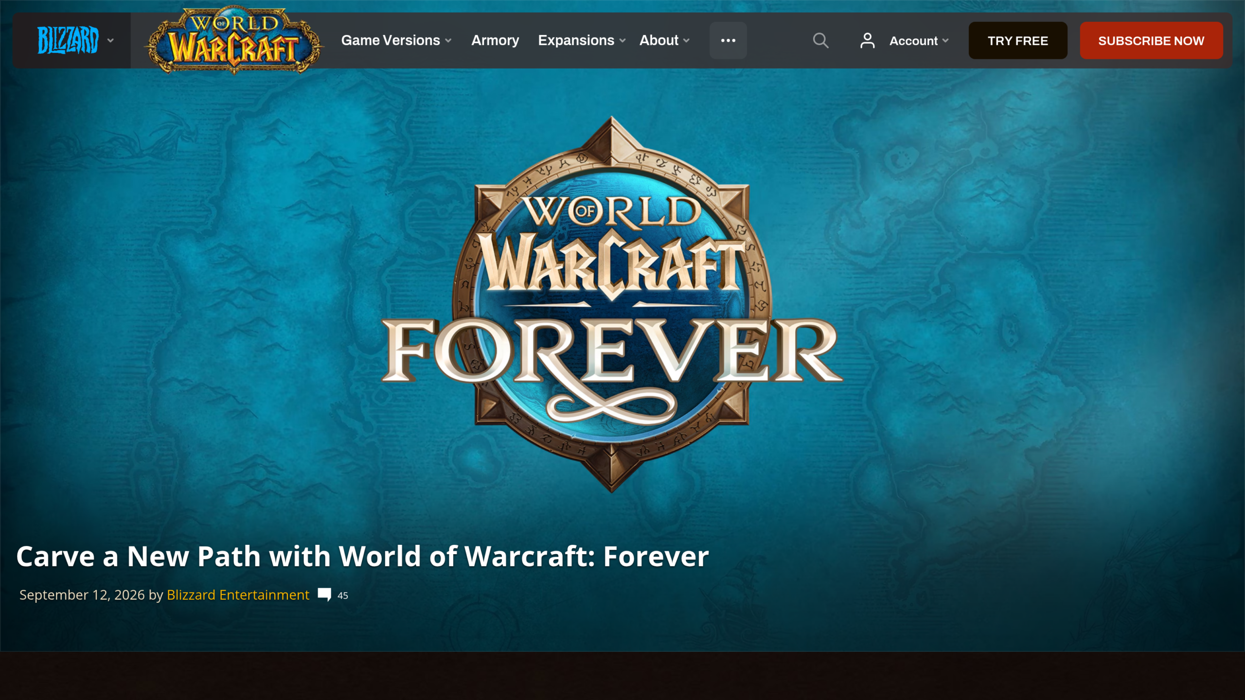 Titre de l'article « Carve a New Path with World of Warcraft: Forever » de Blizzard Entertainment daté du 12 septembre 2026, avec le logo World of Warcraft Forever sur une carte bleue d'Azeroth