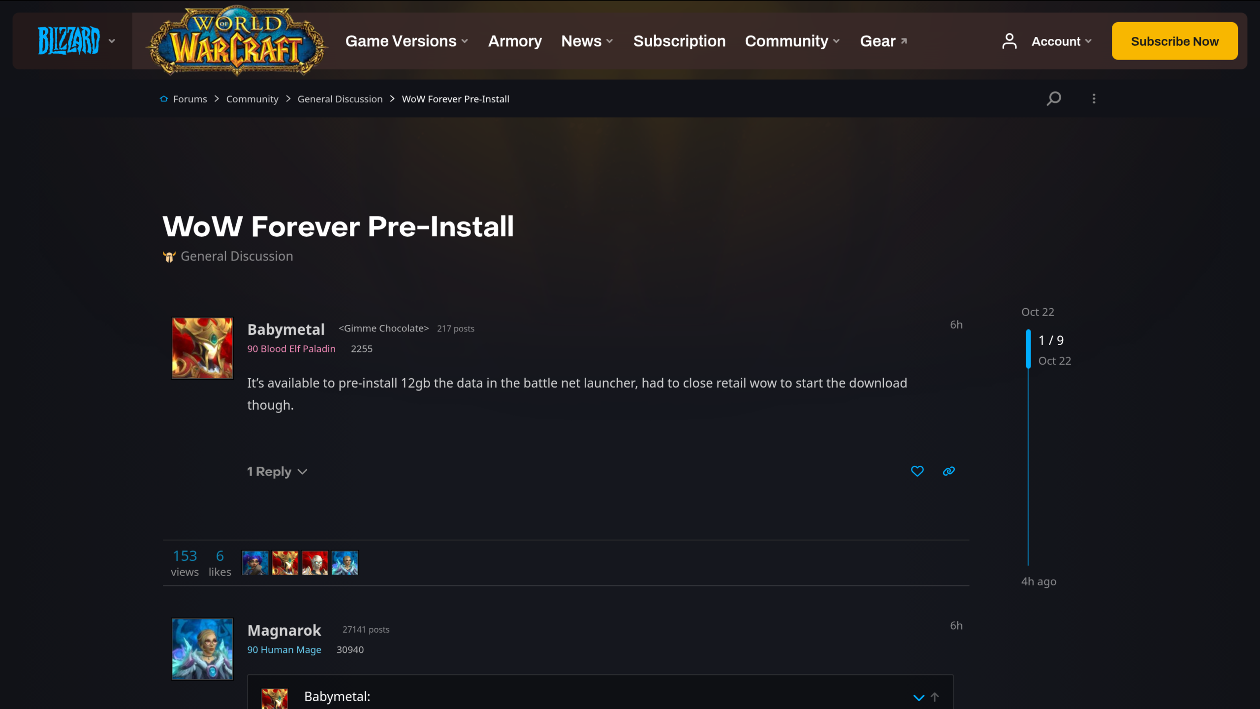 Premier message du fil « WoW Forever Pre-Install » sur le forum de World of Warcraft, posté par Babymetal le 22 octobre 2026, qui annonce 12 Go de données à préinstaller dans le lanceur Battle.net