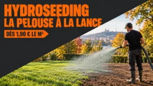 Hydroseeding près de Lyon : un jardinier projette un mélange de graines sur de la terre nue, Fourvière en arrière-plan
