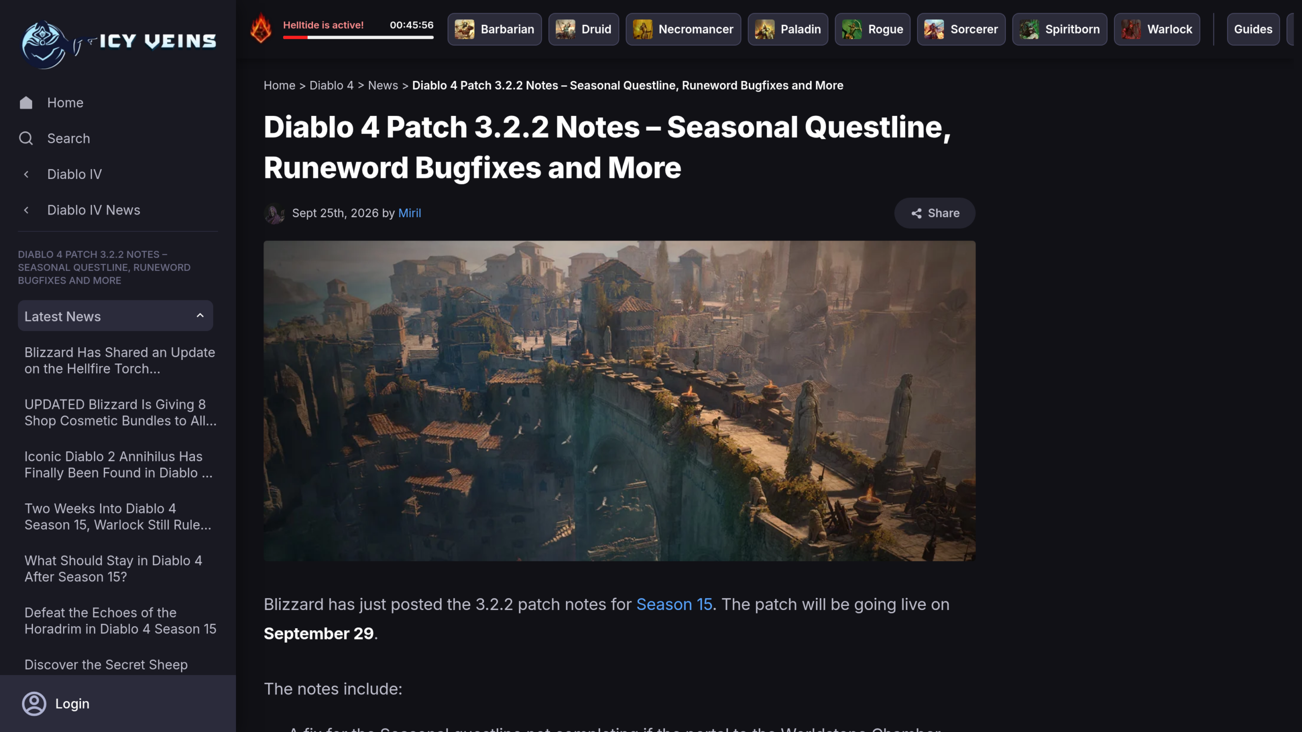 Page Icy Veins du 25 septembre 2026 : article de Miril sur les notes du patch 3.2.2 de Diablo 4, saison 15