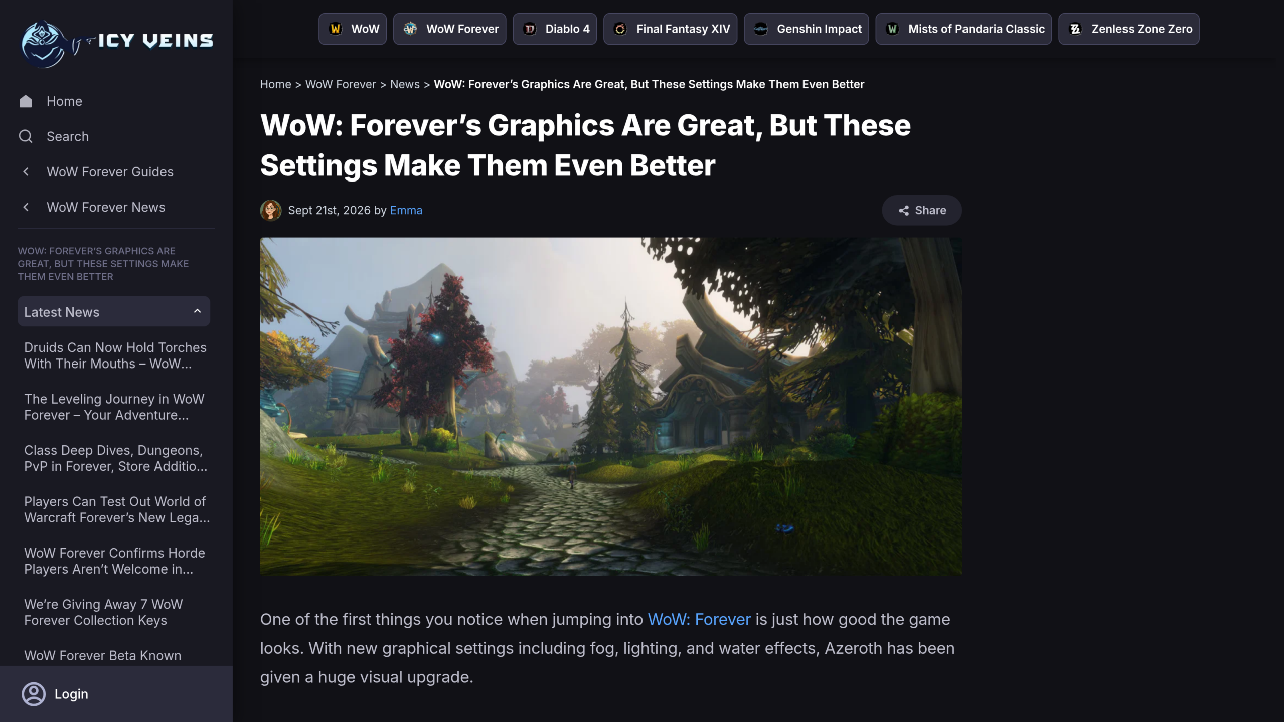 Article d'Icy Veins du 21 septembre 2026 sur les réglages graphiques de WoW Forever, signé Emma