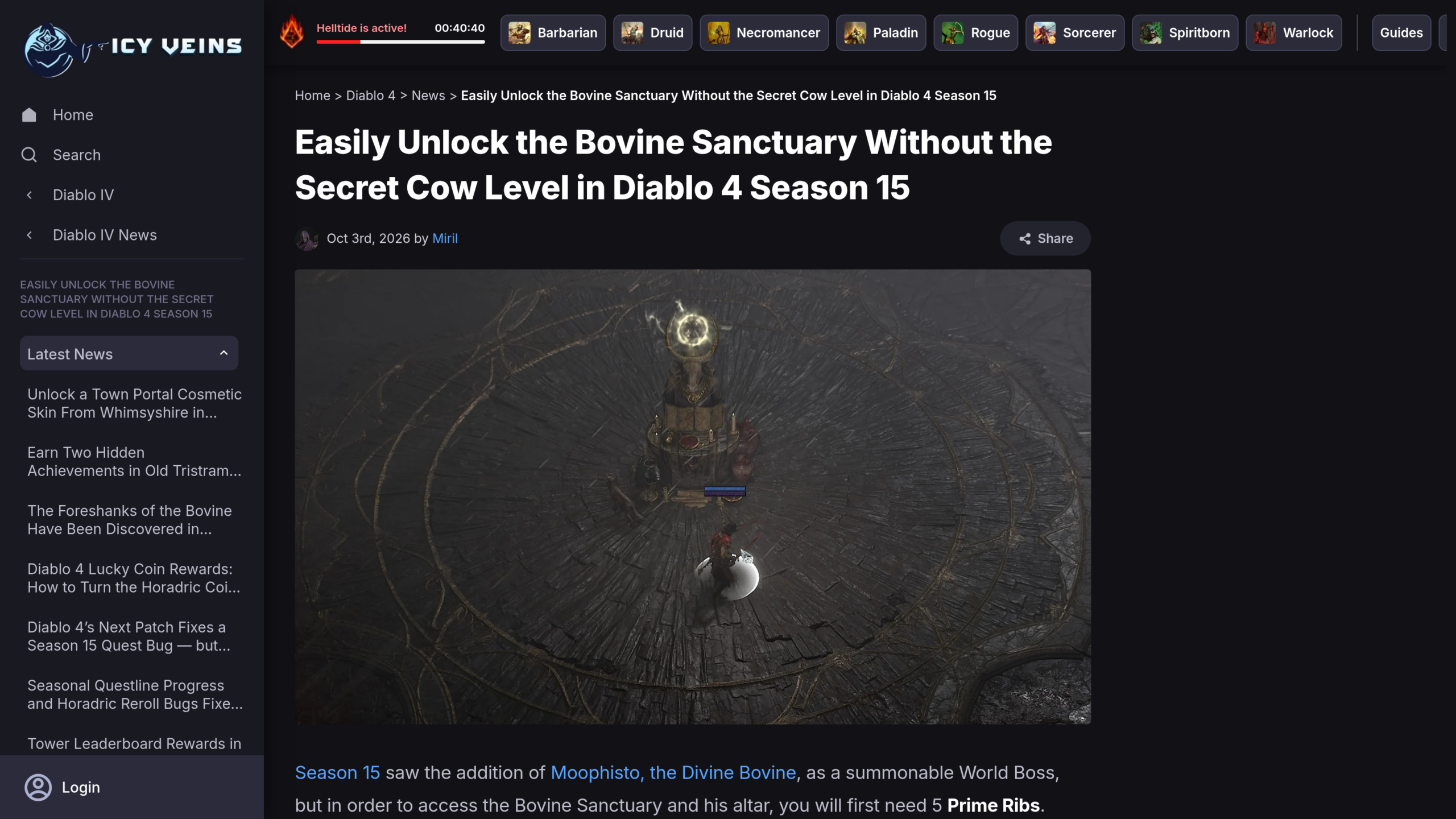 Article Icy Veins du 3 octobre 2026 montrant un personnage devant l'autel lumineux du Sanctuaire bovin