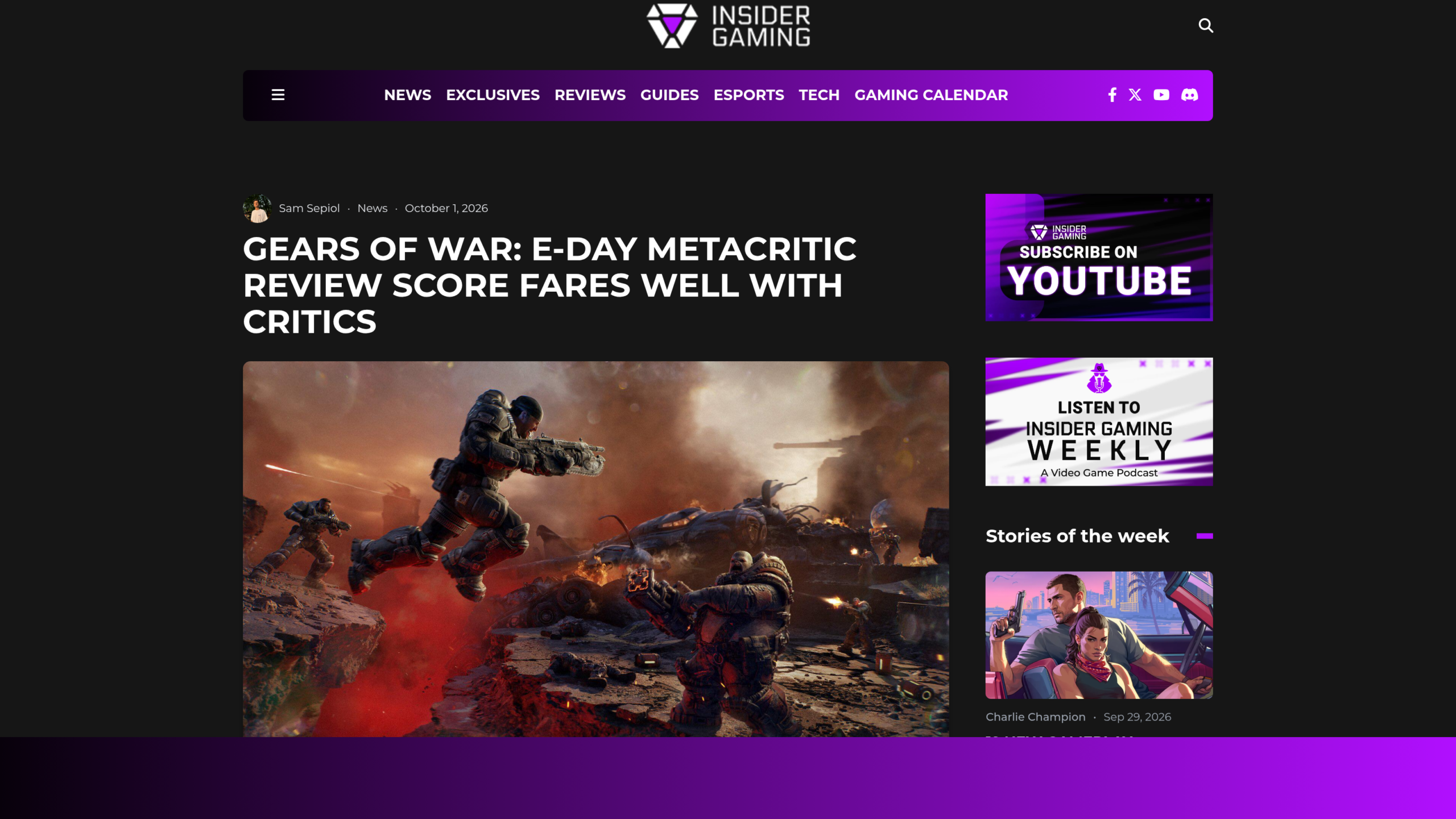 Article d'Insider Gaming intitulé Gears of War: E-Day Metacritic Review Score Fares Well With Critics, signé Sam Sepiol, avec une scène de combat en armure