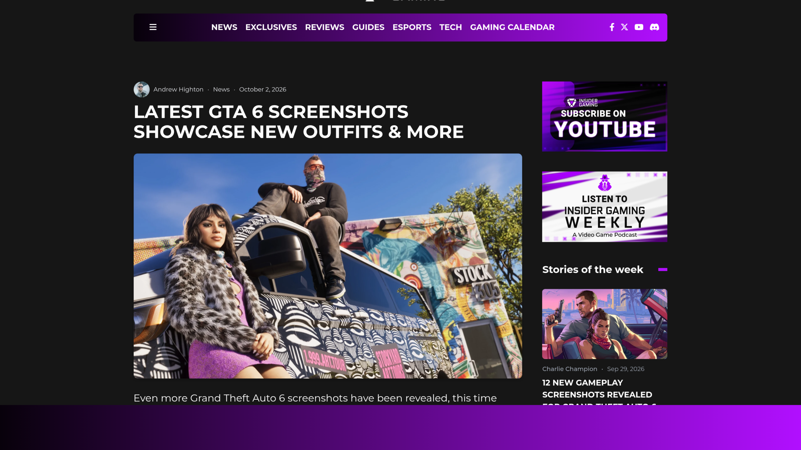 Article d'Insider Gaming intitulé Latest GTA 6 Screenshots Showcase New Outfits and More, signé Andrew Highton le 2 octobre 2026, avec une ancienne image promotionnelle de Lucia en manteau léopard