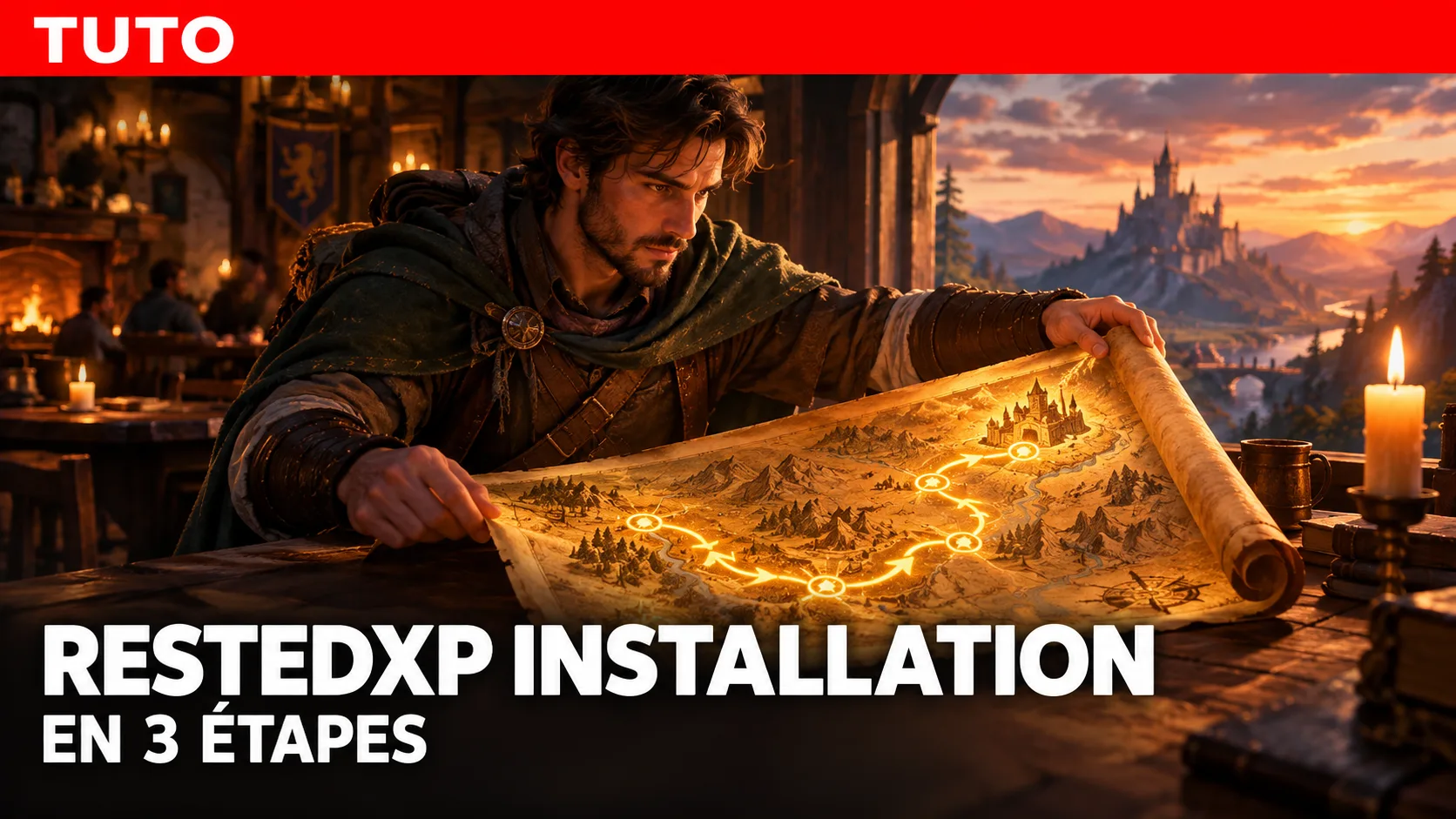installer RestedXP : Bandeau rouge « Tuto » au-dessus d'un aventurier qui déroule une carte dorée dans une auberge, texte « RestedXP installation en 3 étapes »