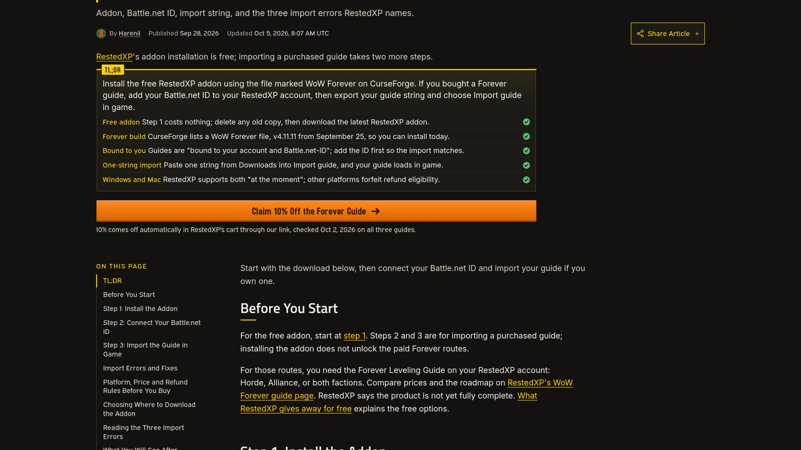 Page d'installation de RestedXP sur WoW Forever Guides : résumé des étapes, Battle.net ID et chaîne d'import, mise à jour du 5 octobre 2026