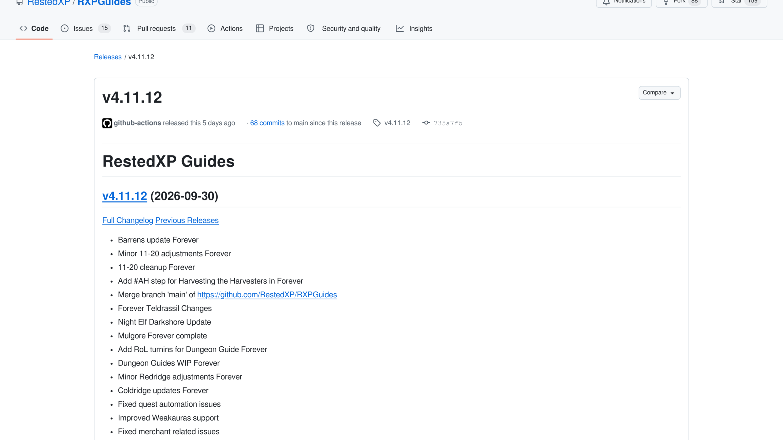 Notes de la version 4.11.12 de RXPGuides sur GitHub, datée du 30 septembre 2026, avec les mises à jour Barrens, Teldrassil, Darkshore et Mulgore pour Forever