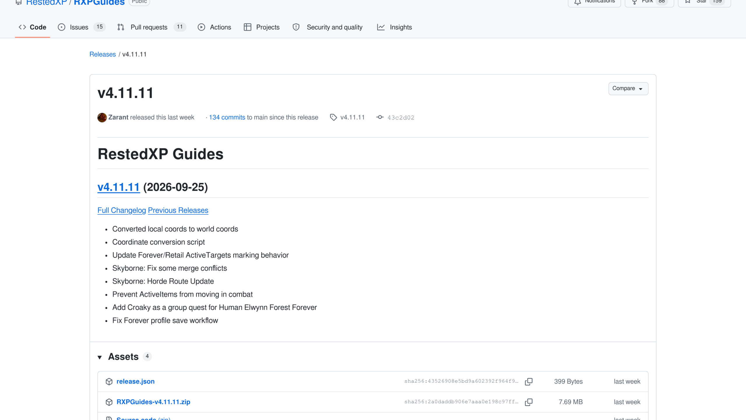 Notes de la version 4.11.11 de RXPGuides sur GitHub, datée du 25 septembre 2026, avec la ligne Fix Forever profile save workflow