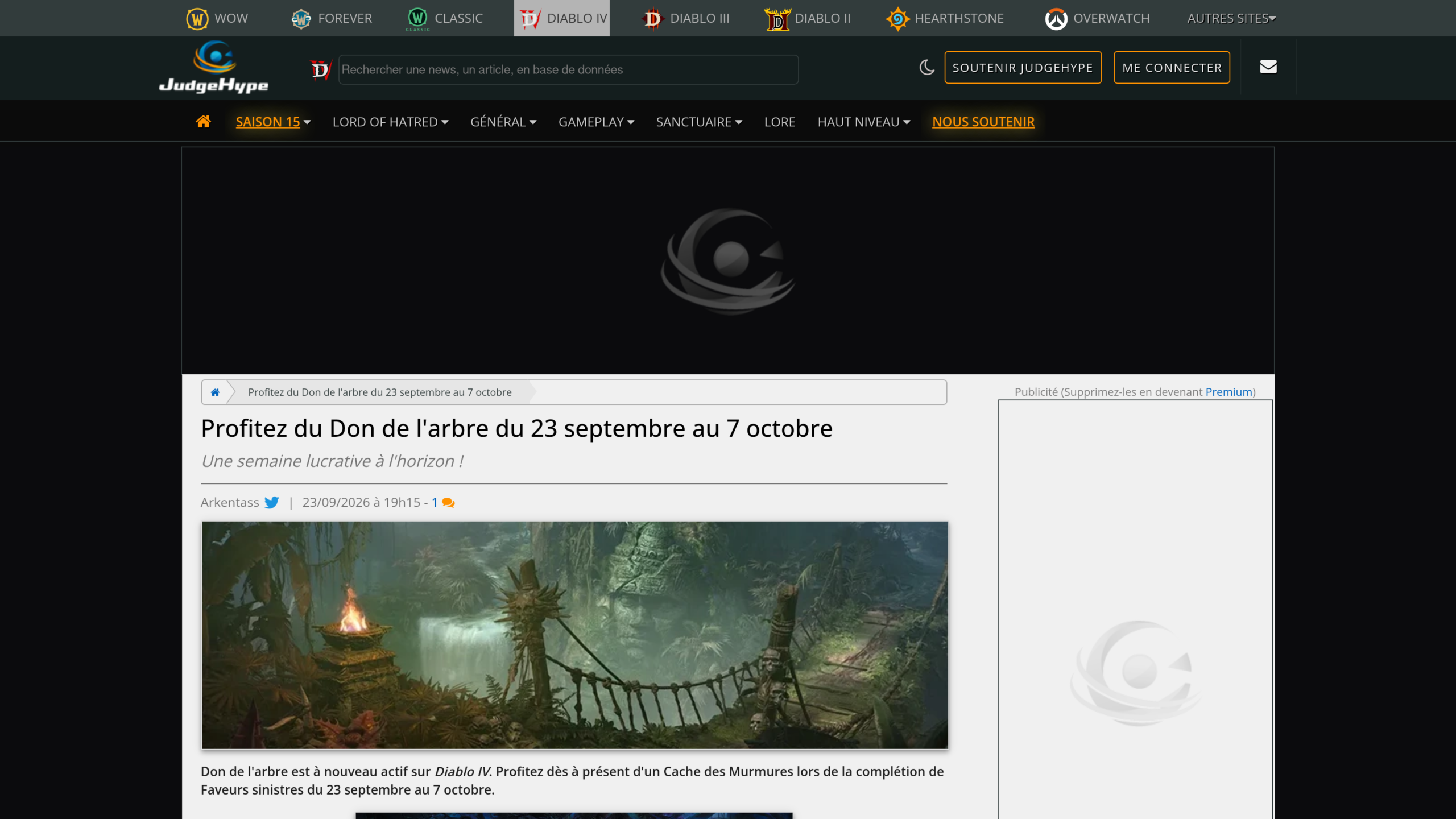 Article de JudgeHype en français sur le Don de l'arbre, avec les dates et le nom Cache des Murmures