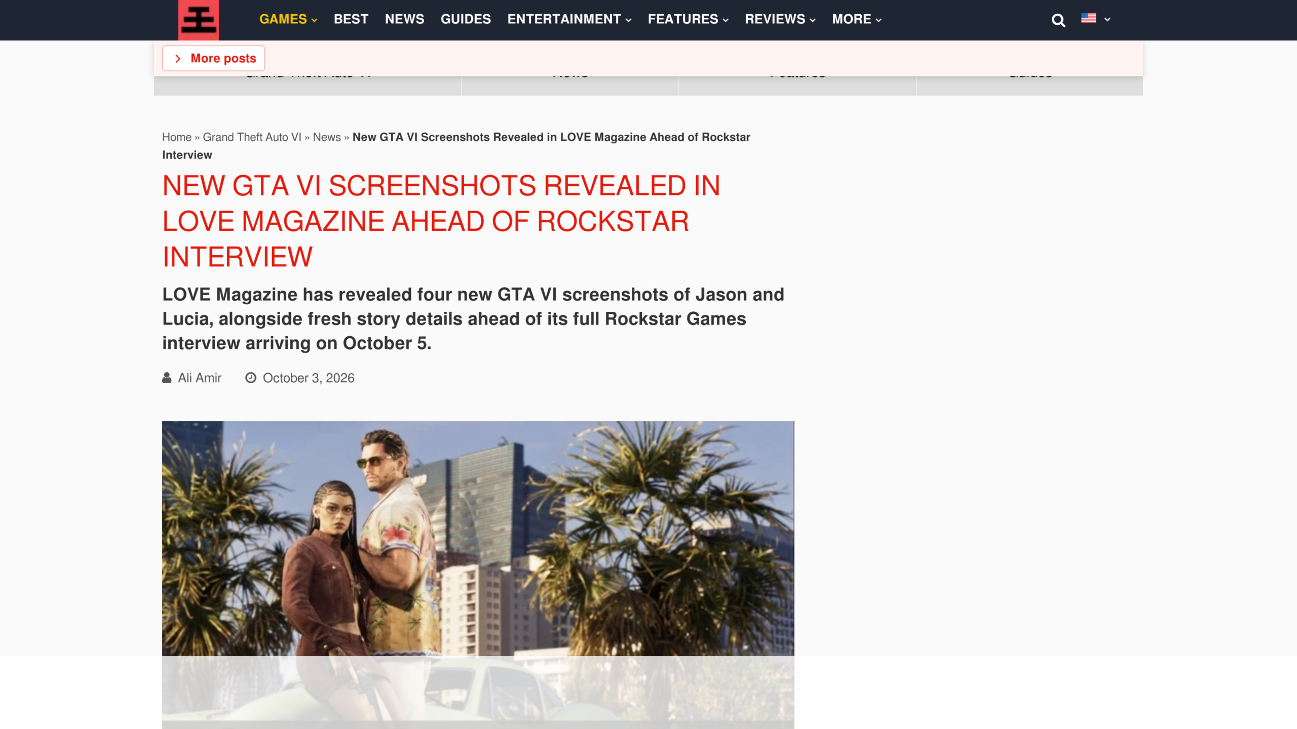 Article de KeenGamer intitulé New GTA VI Screenshots Revealed in LOVE Magazine Ahead of Rockstar Interview, signé Ali Amir le 3 octobre 2026