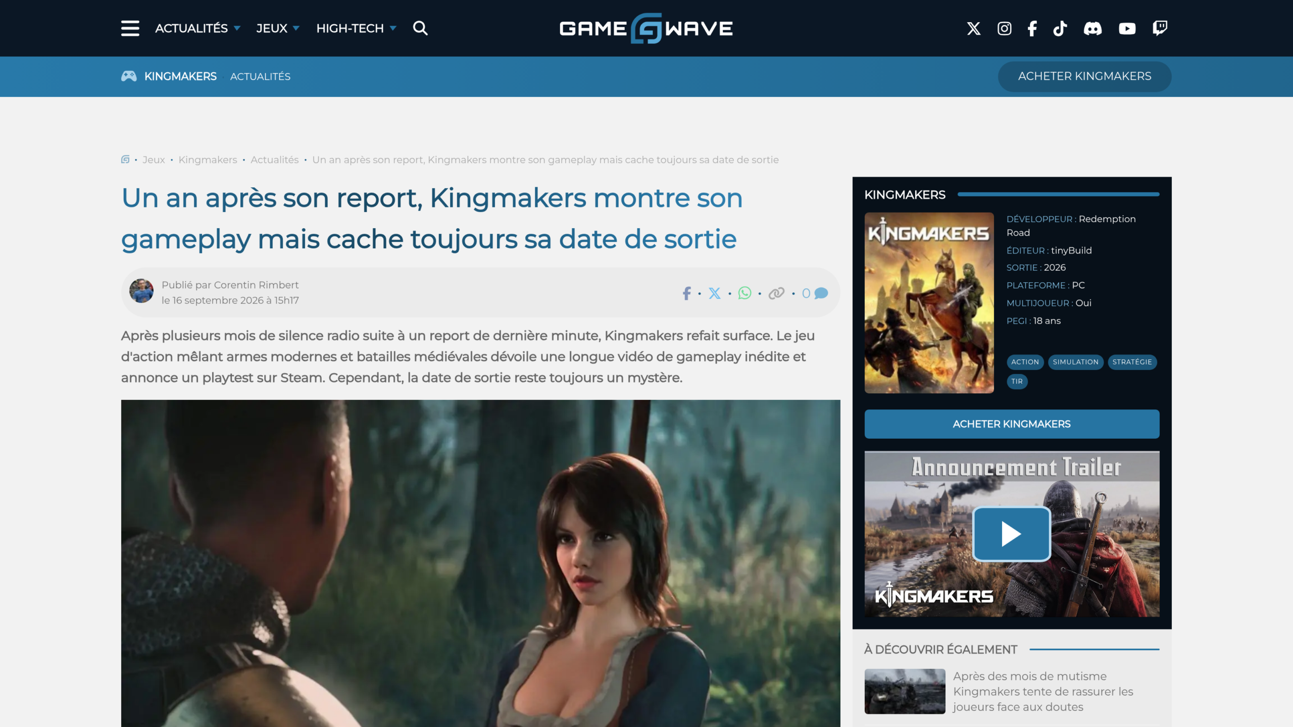 Article du site GameWave daté du 16 septembre 2026, signé Corentin Rimbert, sur le gameplay montré un an après le report