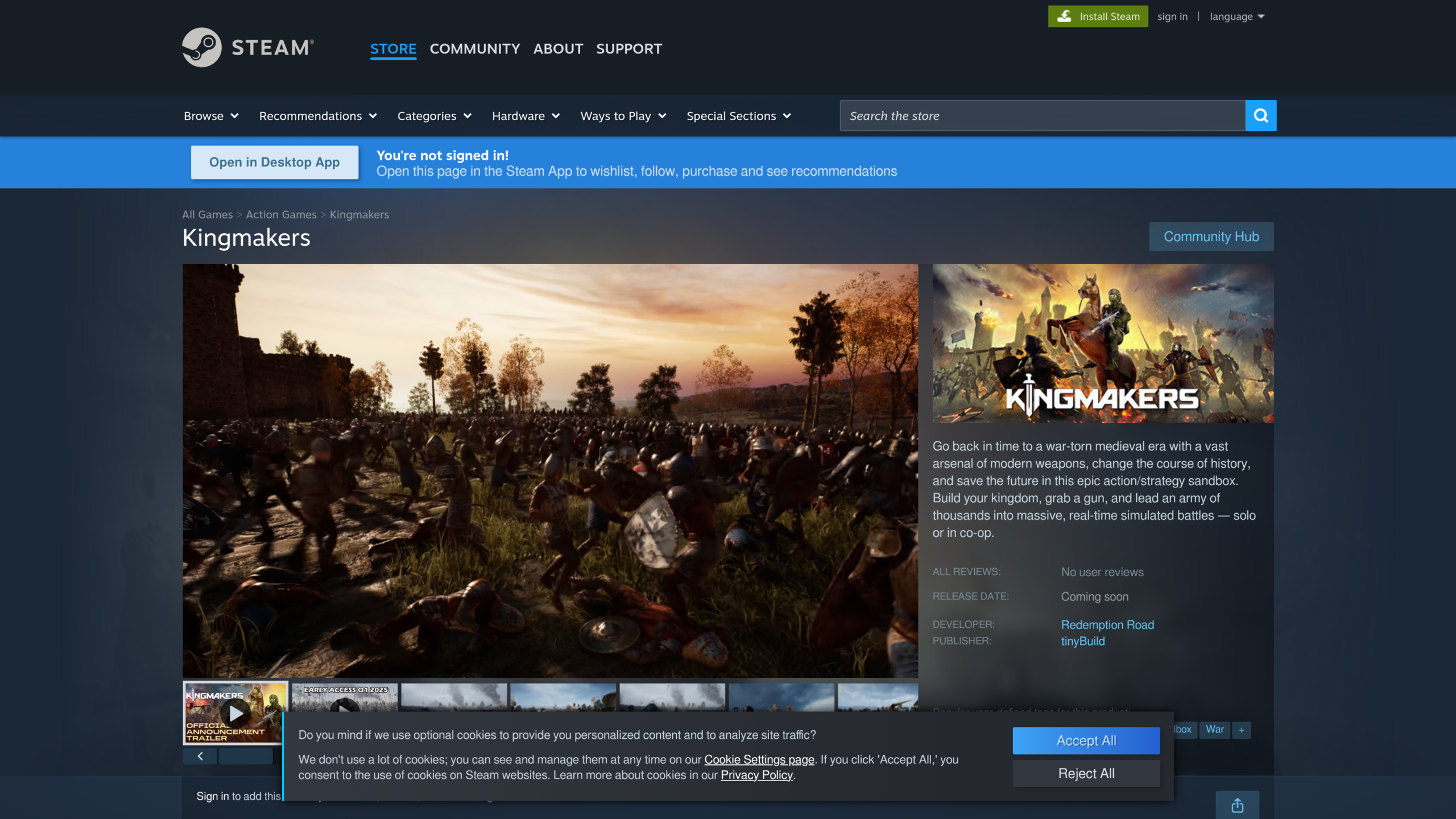 Page Steam du jeu consultée le 13 octobre 2026, avec la mention « Coming soon » à la place de la date de sortie, Redemption Road comme développeur et tinyBuild comme éditeur