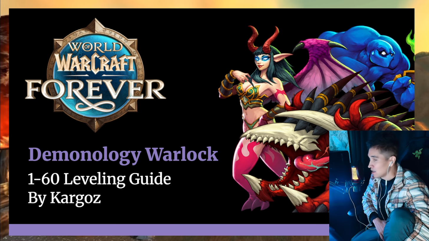 Diapositive titre du guide de leveling 1-60 du Démoniste, avec une succube, un marcheur du Vide bleu et un chasseur corrompu