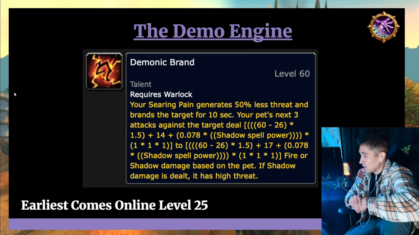 Infobulle du talent Marque démoniaque sur la diapositive The Demo Engine, avec le bandeau niveau 25