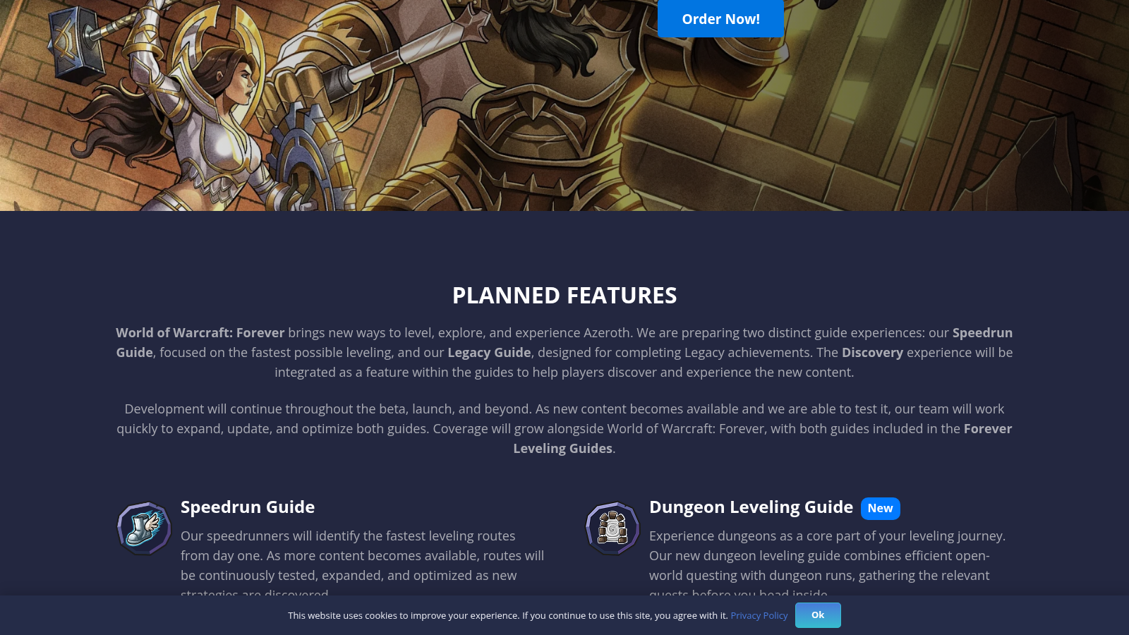 Page officielle RestedXP Forever, section des fonctions prévues : Speedrun Guide et Dungeon Leveling Guide marqué New