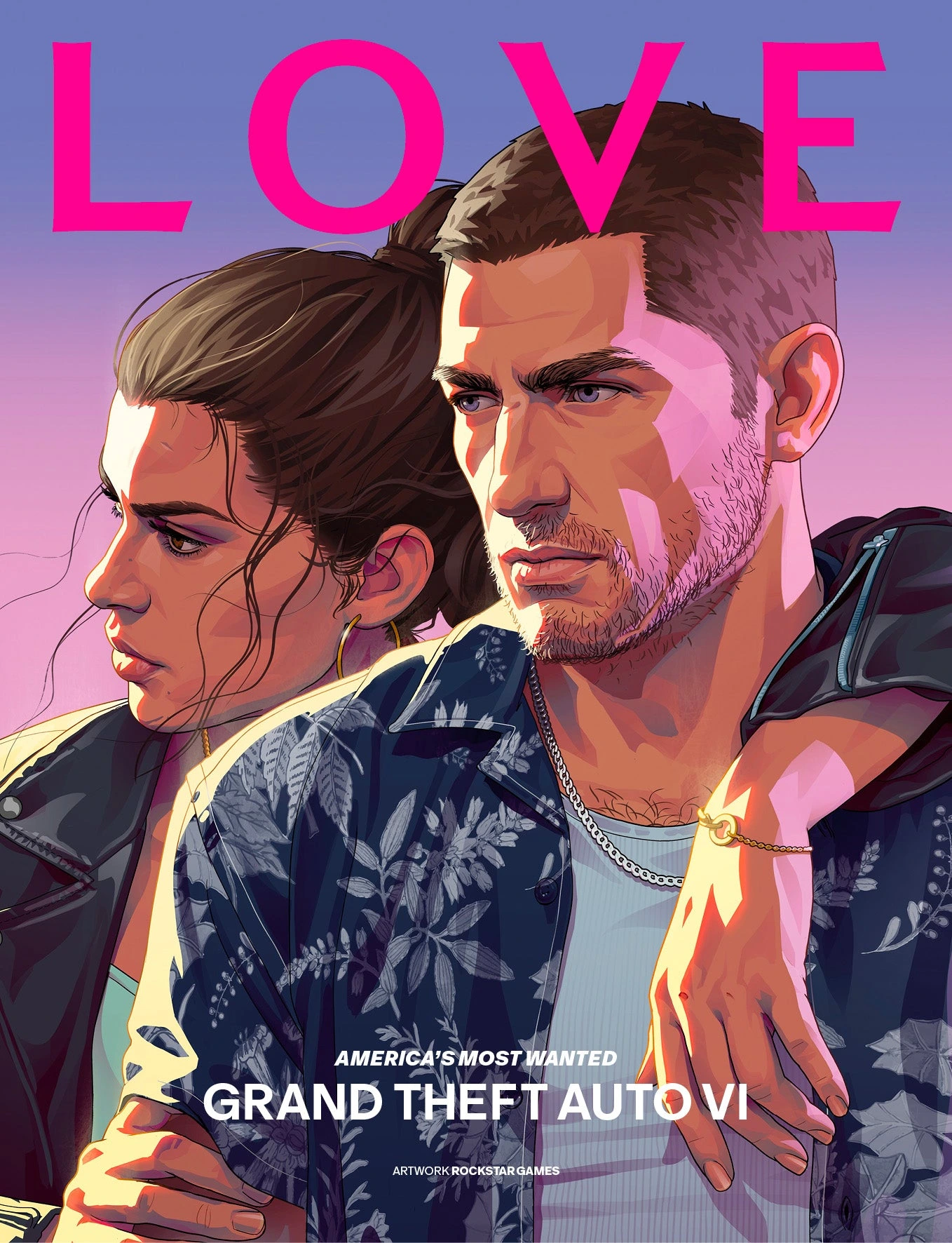 Couverture du magazine LOVE n°27 : illustration de Lucia et Jason sur fond violet et rose, accroche America's Most Wanted et titre Grand Theft Auto VI