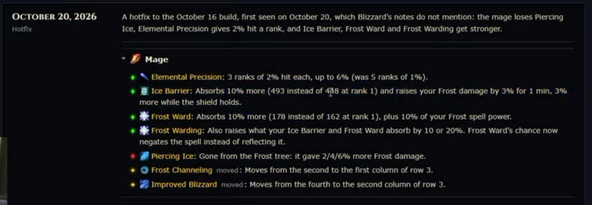 Liste de sept changements de talents du mage Givre, avec les valeurs avant et après pour Barrière de glace et Gardien de givre