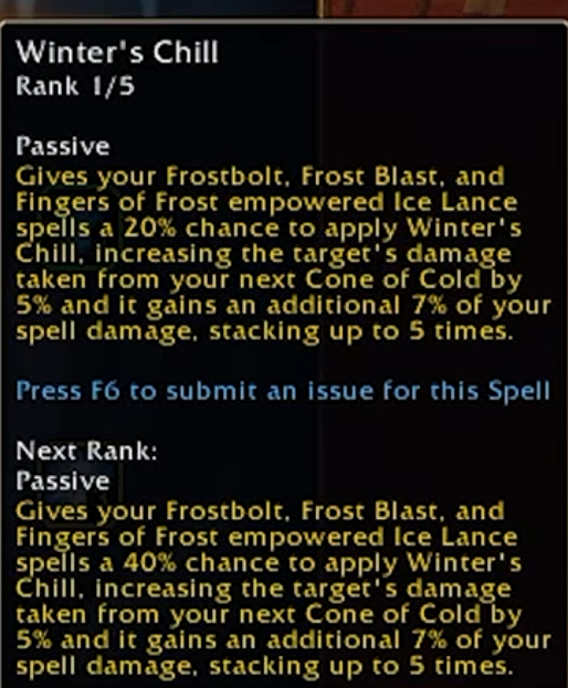 Infobulle en anglais du talent Froid hivernal (Winter's Chill) du mage givre WoW Forever, rang 1 sur 5, avec le texte du rang suivant