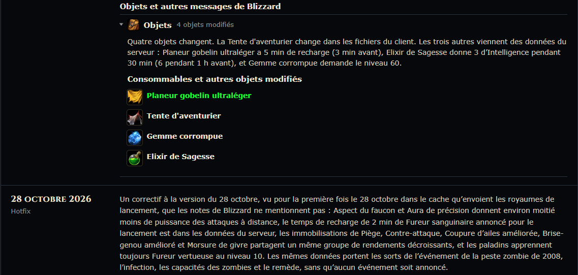 Section Objets de foreverchanges.pro : Planeur gobelin ultraléger, Tente d'aventurier, Gemme corrompue et Élixir de sagesse, puis le texte du correctif du 28 octobre sur les immobilisations et la peste zombie