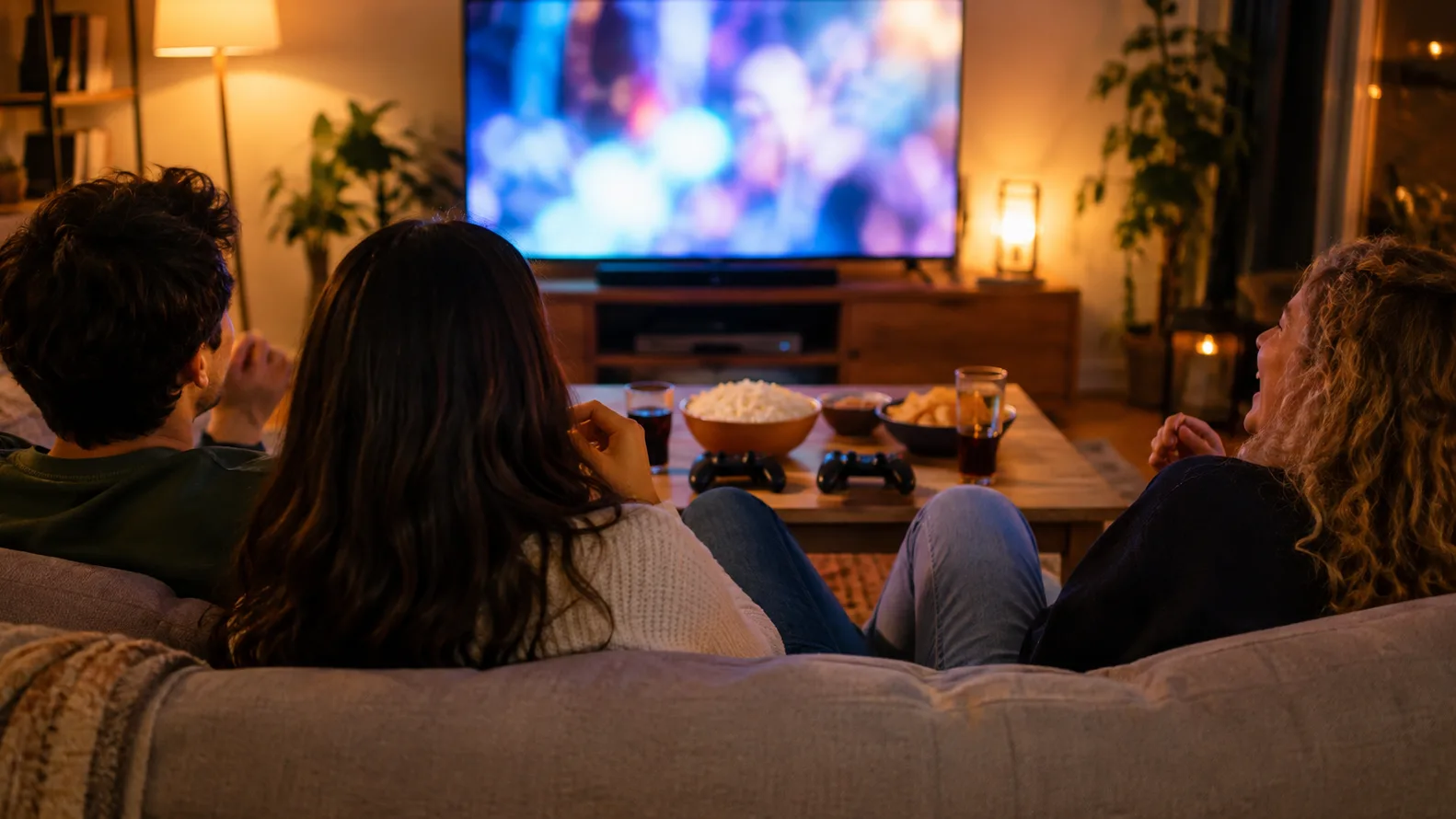 Trois amis vus de dos sur un canapé devant un téléviseur, deux manettes posées sur une table basse avec du pop-corn et des boissons