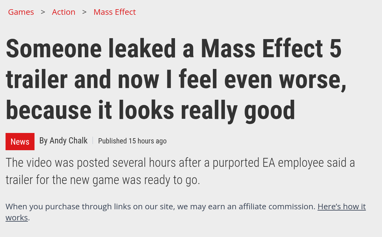 Titre d'un article de PC Gamer sur la fuite d'un trailer de Mass Effect 5, avec le nom de l'auteur Andy Chalk et le sous-titre sur un employé d'EA présumé