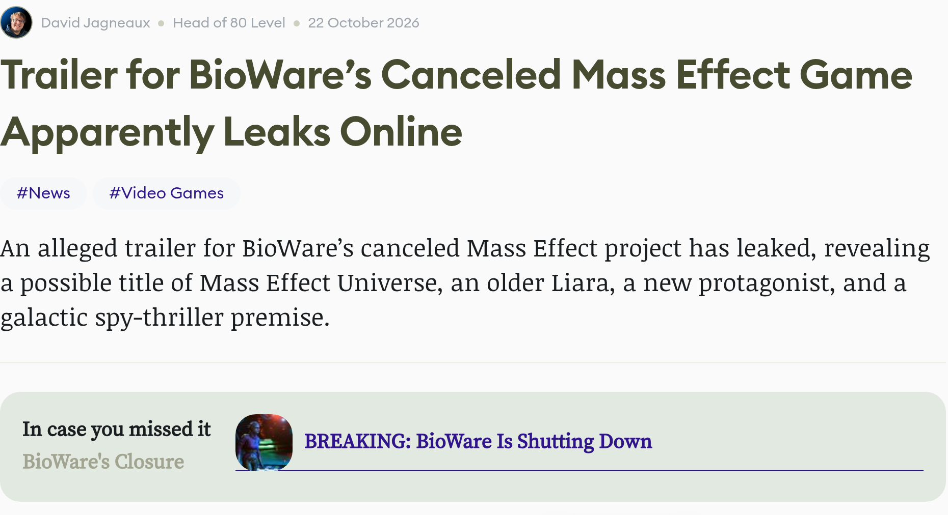 Titre et chapô d'un article de 80 Level sur le trailer apparent du Mass Effect annulé de BioWare, par David Jagneaux, avec un lien vers l'annonce de la fermeture du studio