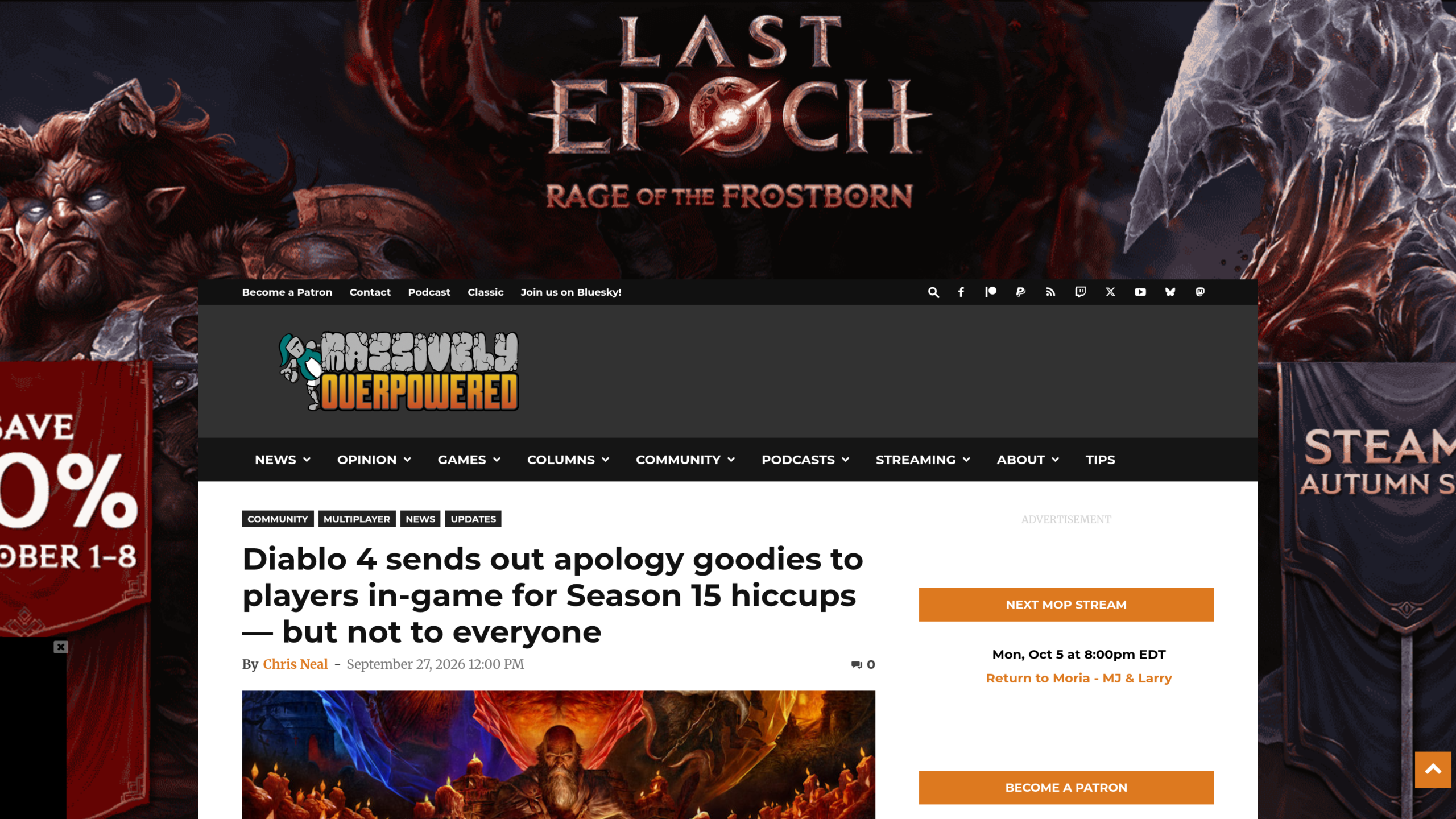 Page de Massively OP titrée Diablo 4 sends out apology goodies to players in-game for Season 15 hiccups, but not to everyone