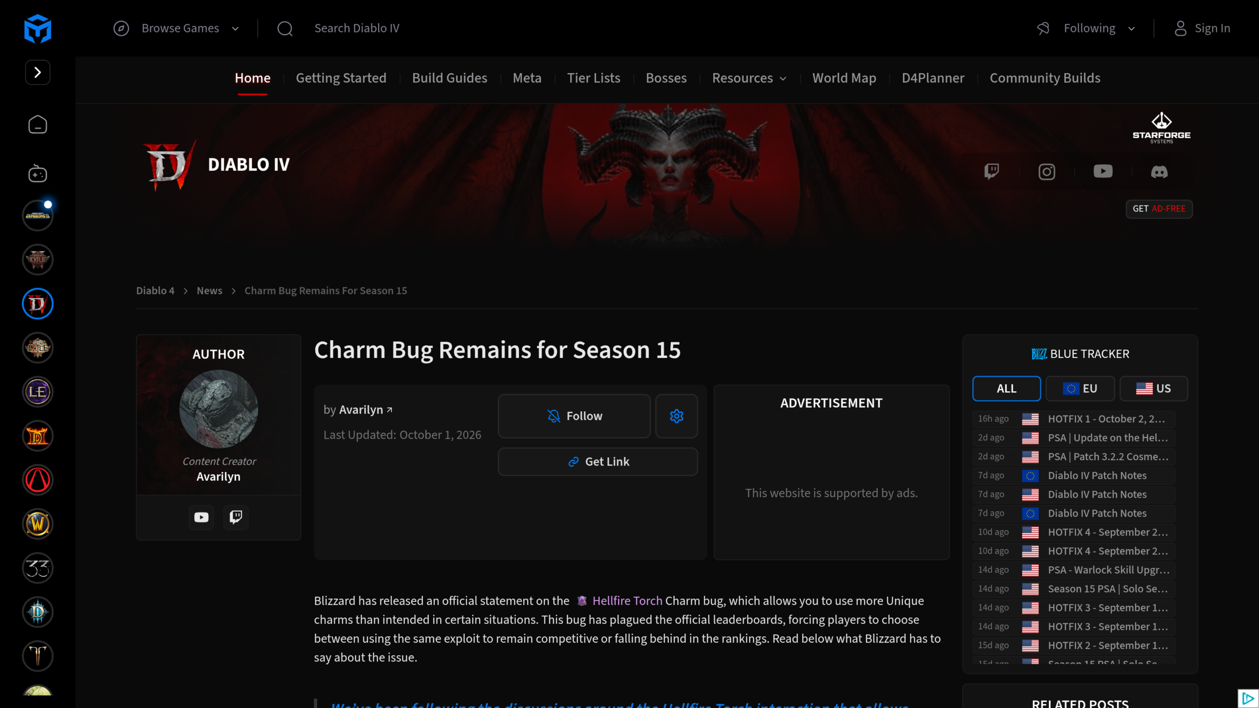 Page Maxroll sur le bug des charmes de la Saison 15, avec la déclaration officielle de Blizzard