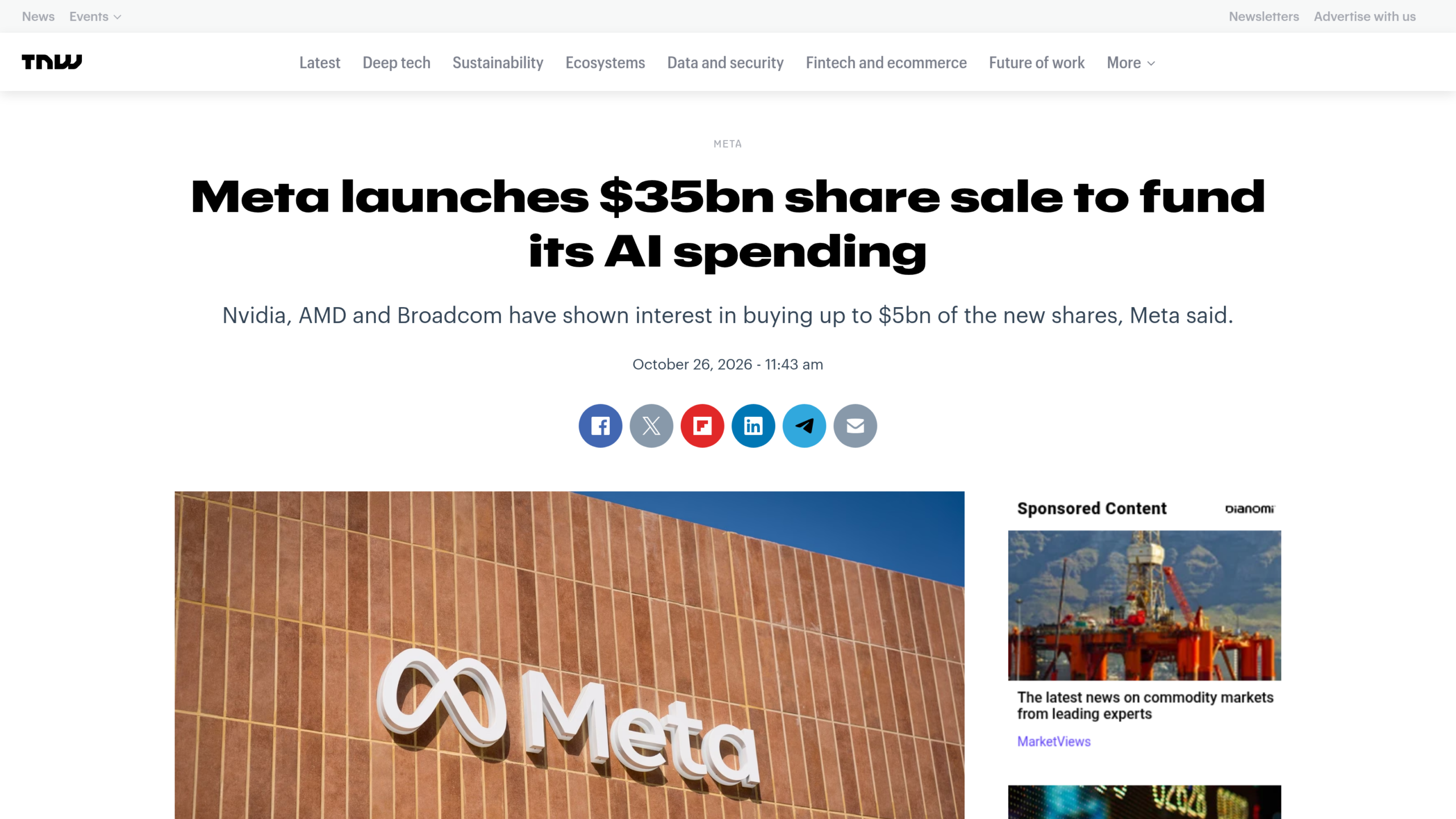 Page de The Next Web avec le titre de l'article sur la vente d'actions de Meta à 35 milliards de dollars, la date du 26 octobre 2026 et une photo du logo Meta sur une façade en briques