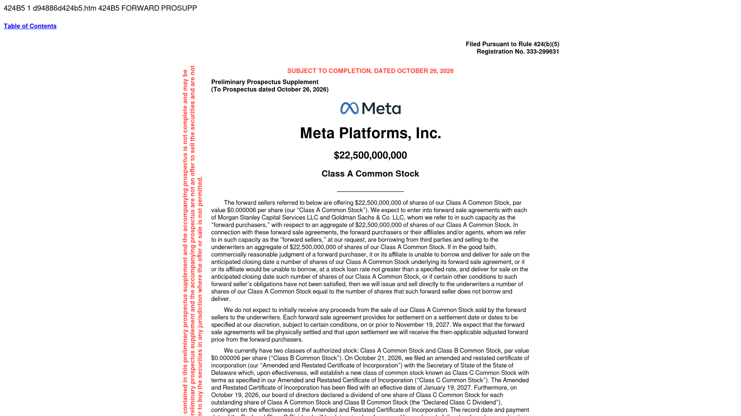 Première page du prospectus déposé auprès de la SEC le 26 octobre 2026 : 22,5 milliards de dollars d'actions de classe A de Meta Platforms, avec Morgan Stanley et Goldman Sachs comme acheteurs à terme