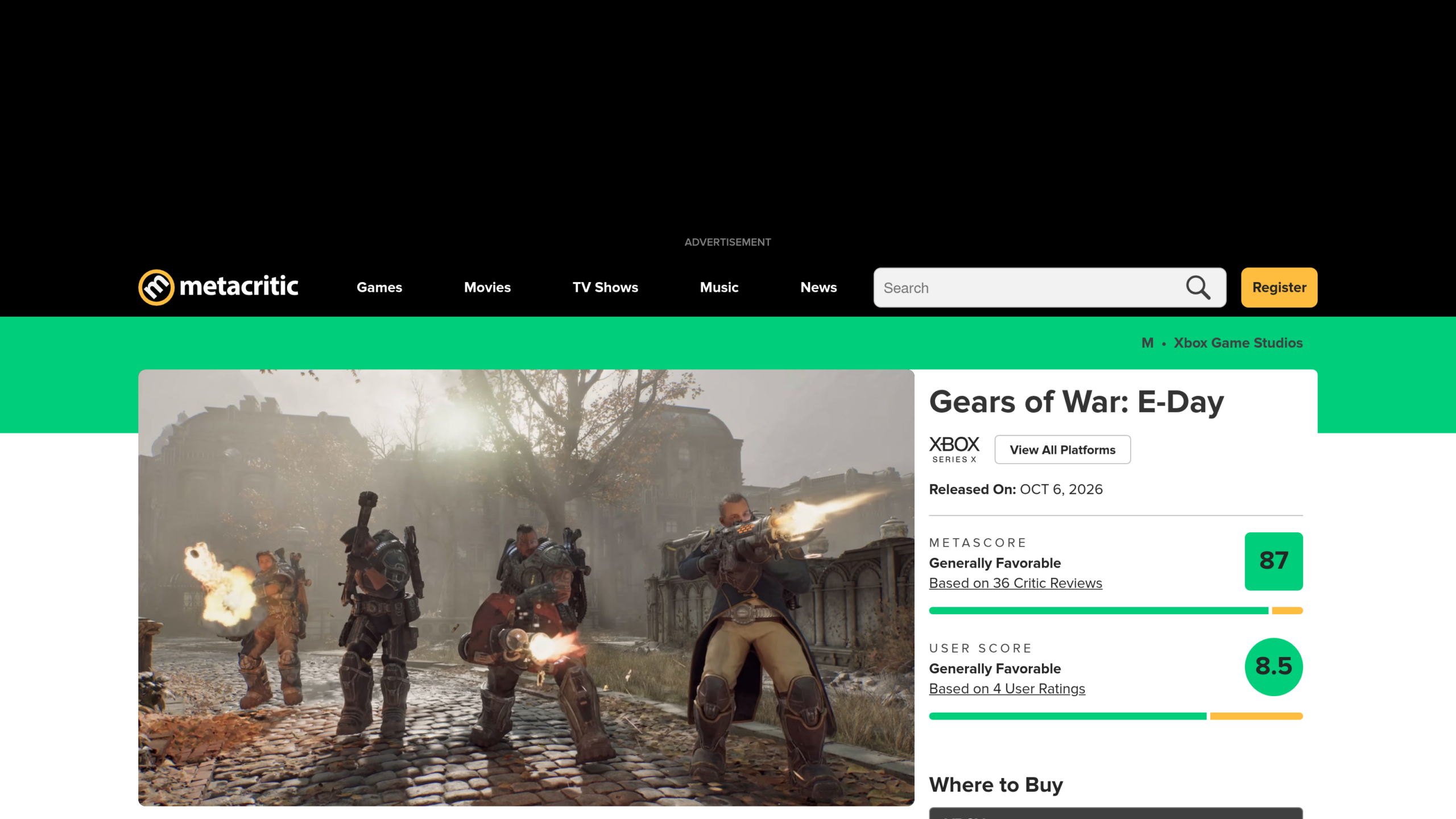 Fiche Metacritic de la version Xbox Series X : Metascore 87 sur 36 tests et note des utilisateurs de 8,5 sur 4 avis