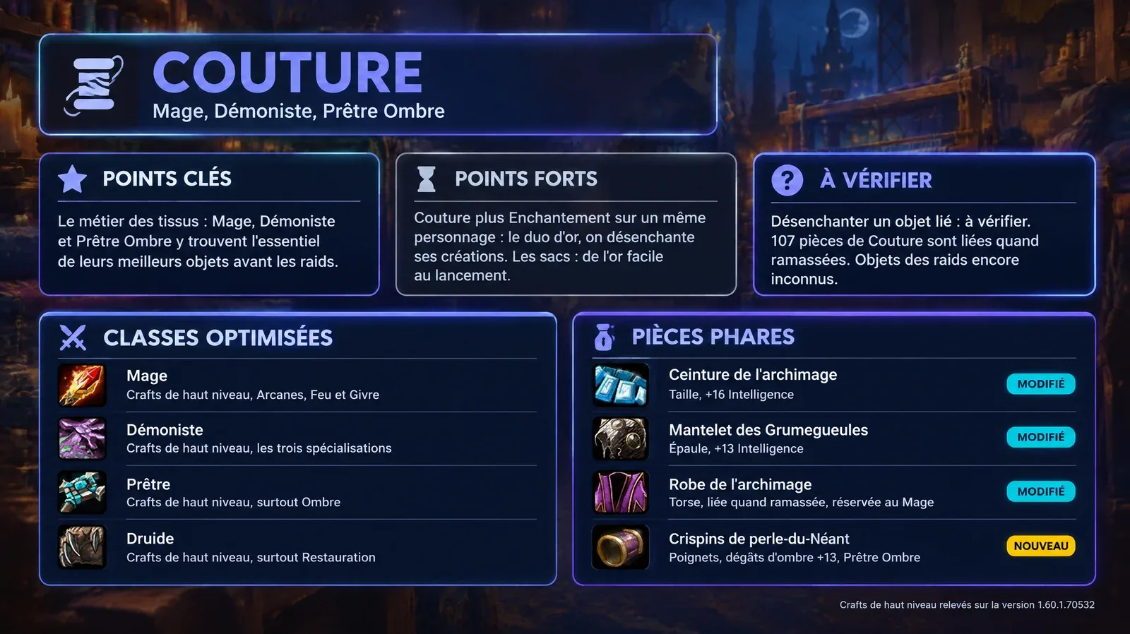 Fiche Couture : Mage, Démoniste et Prêtre Ombre, points clés, classes optimisées et pièces phares