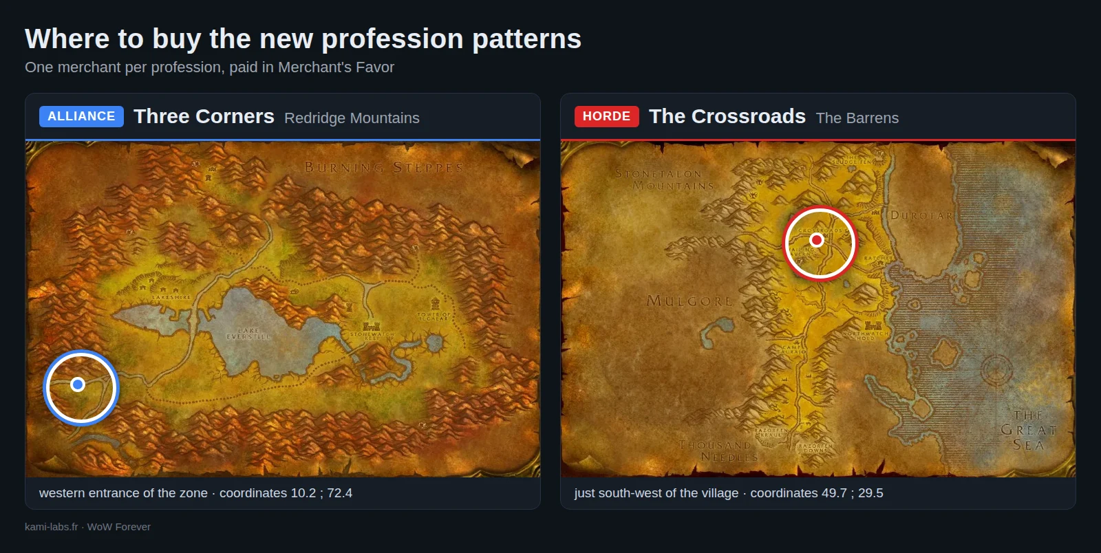 Map of where the new profession patterns are sold: Three Corners (Redridge) for the Alliance, the Crossroads (Barrens) for the Horde