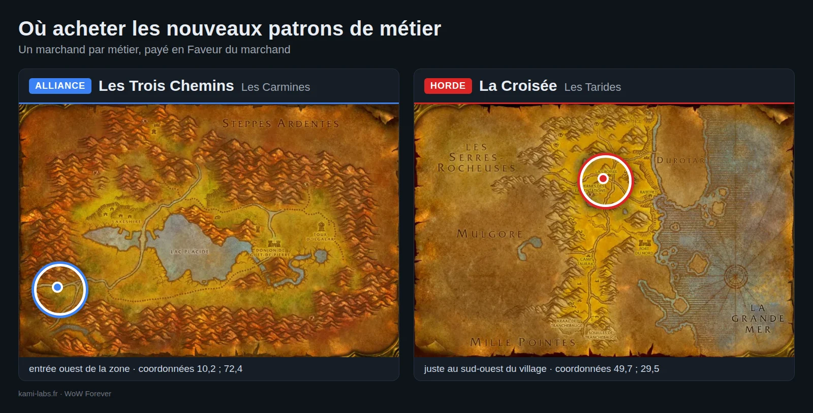 Carte des points de vente des nouveaux patrons : Trois Chemins (Carmines) pour l'Alliance, la Croisée (Tarides) pour la Horde