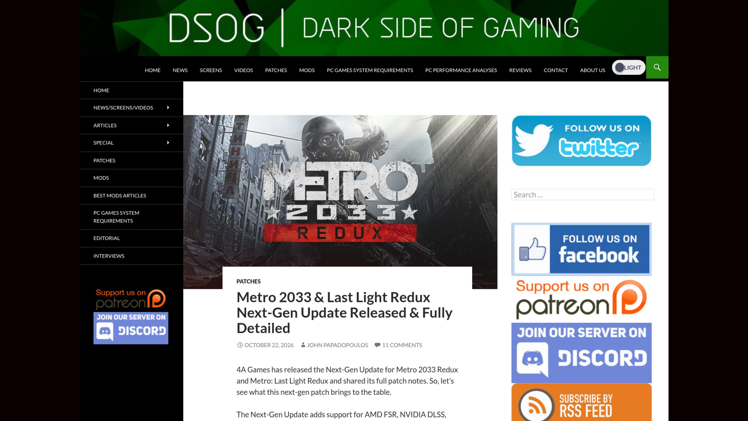 Article de DSOGaming sur la mise à jour Next-Gen de Metro 2033 et Last Light Redux, avec le visuel du jeu et le nom de l'auteur John Papadopoulos
