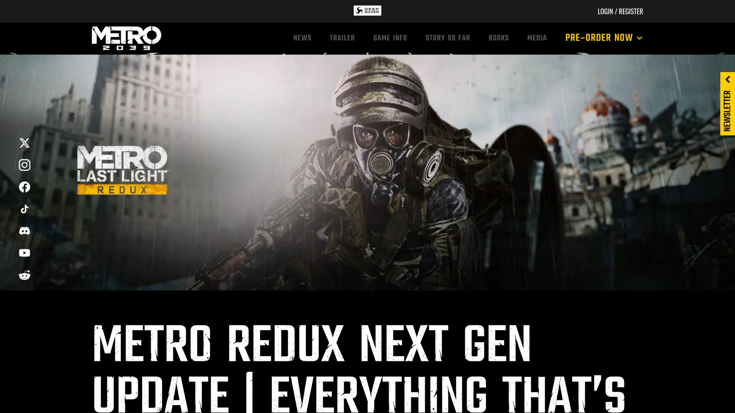 Page Deep Silver intitulée Metro Redux Next Gen Update, avec le logo Metro Last Light Redux et un soldat en masque à gaz sous la pluie