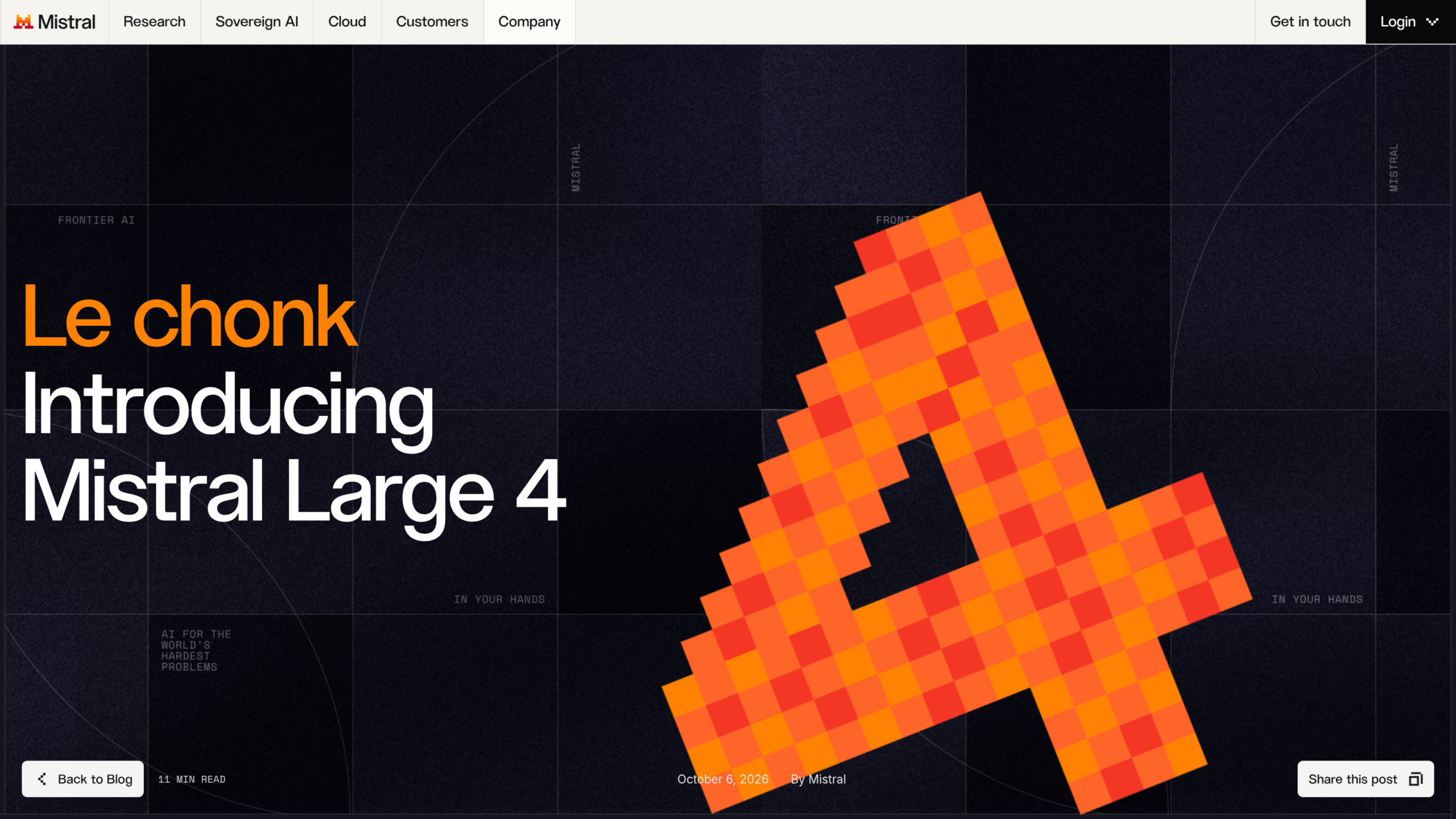 Bannière de l'annonce officielle de Mistral du 6 octobre 2026, avec un grand 4 en pixels orange et un petit chat pixelisé