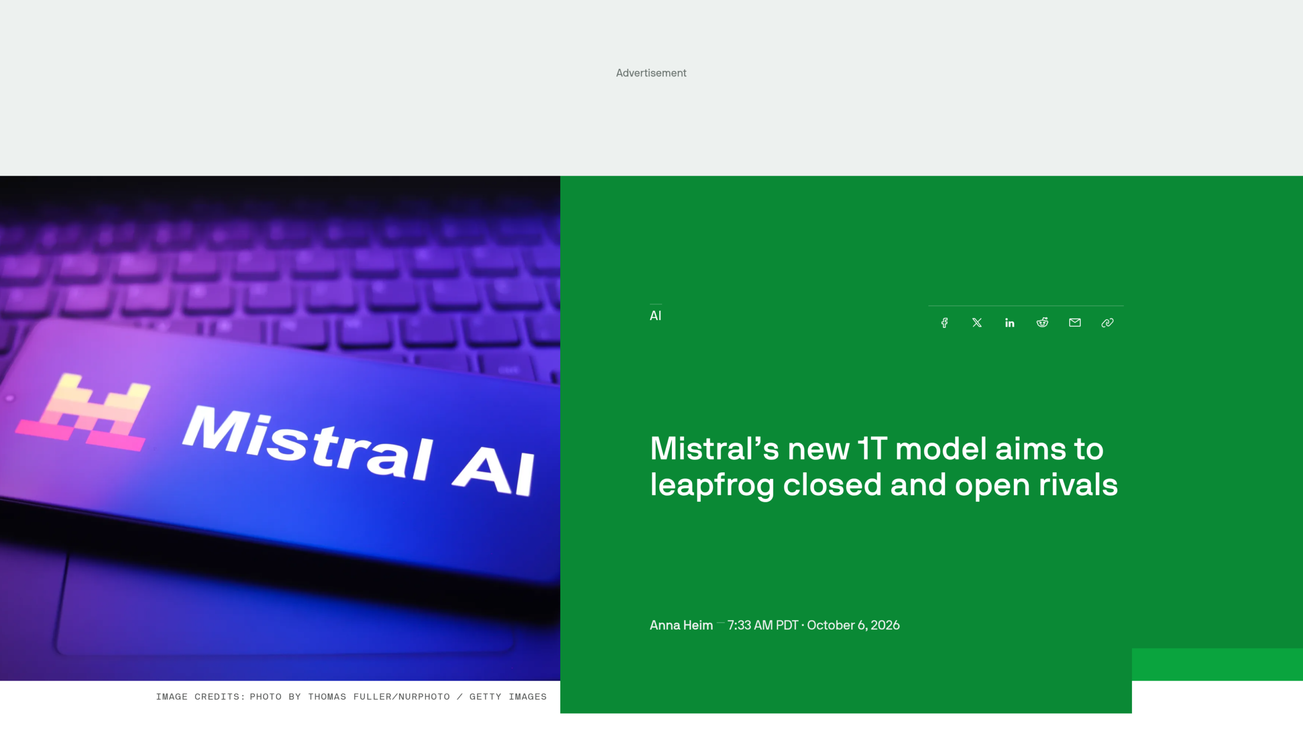 Article de TechCrunch daté du 6 octobre 2026 sur le nouveau modèle à mille milliards de paramètres de Mistral