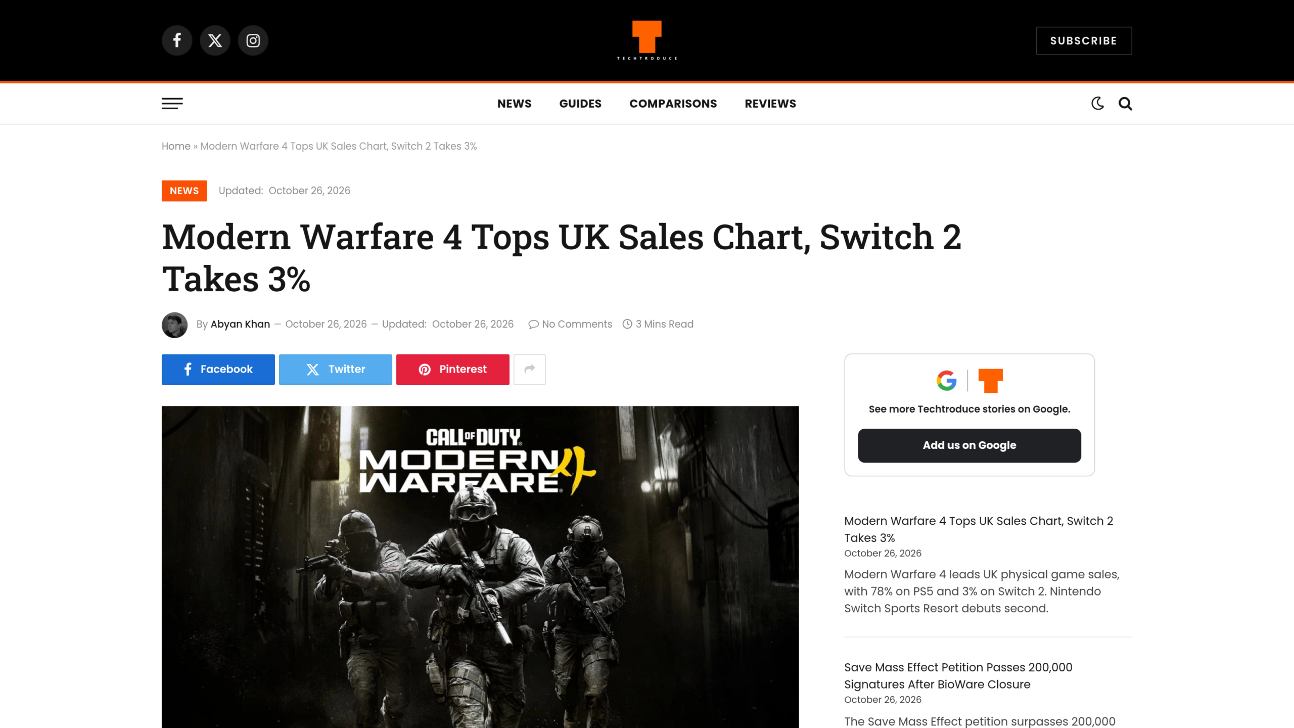 Page du site Techtroduce montrant le titre « Modern Warfare 4 Tops UK Sales Chart, Switch 2 Takes 3% » et le visuel du jeu, avec trois soldats en tenue sombre