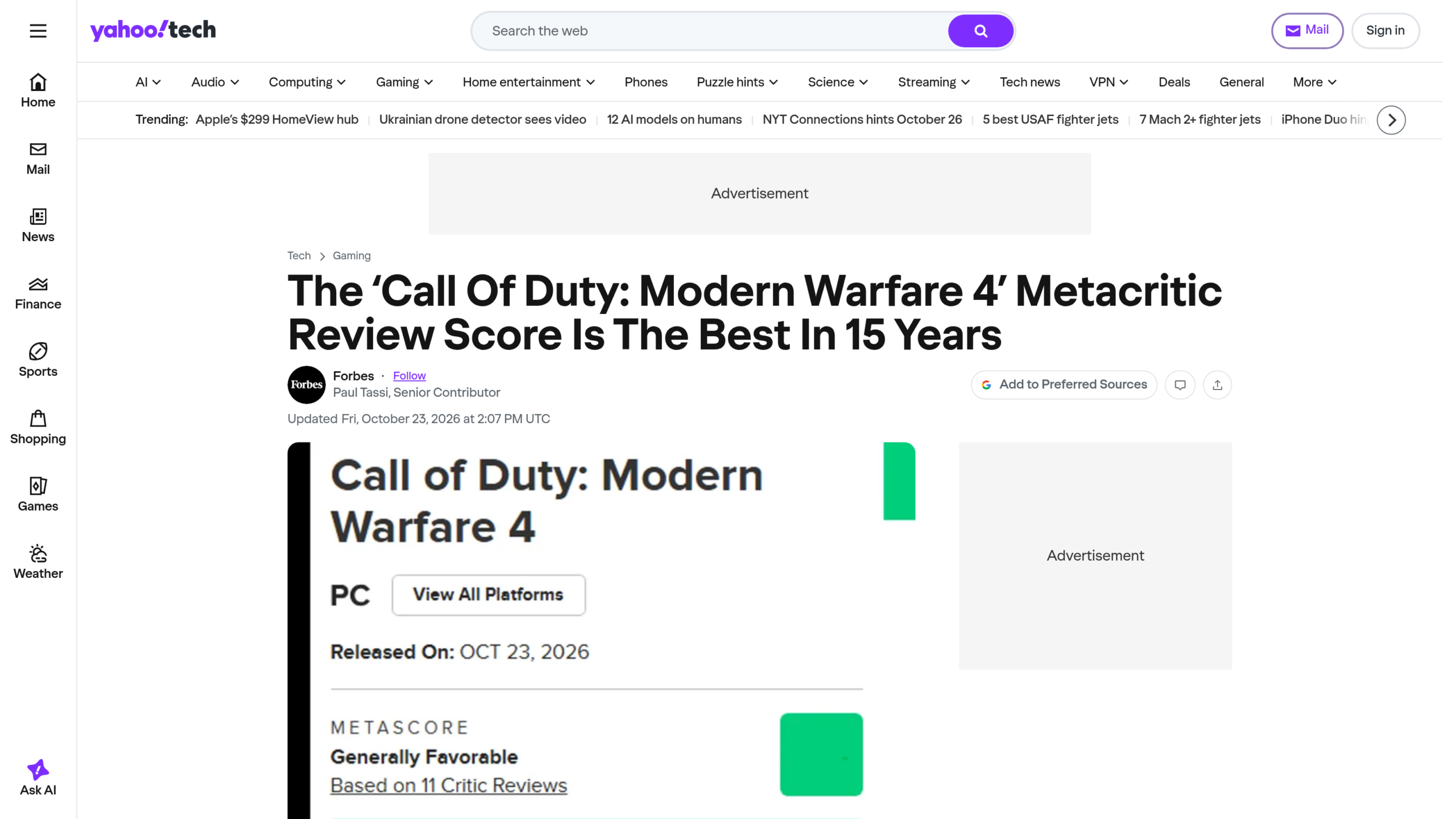Page Yahoo Tech reprenant un article de Forbes dont le titre annonce la meilleure note Metacritic de la série en quinze ans, avec la fiche du jeu sur PC en dessous