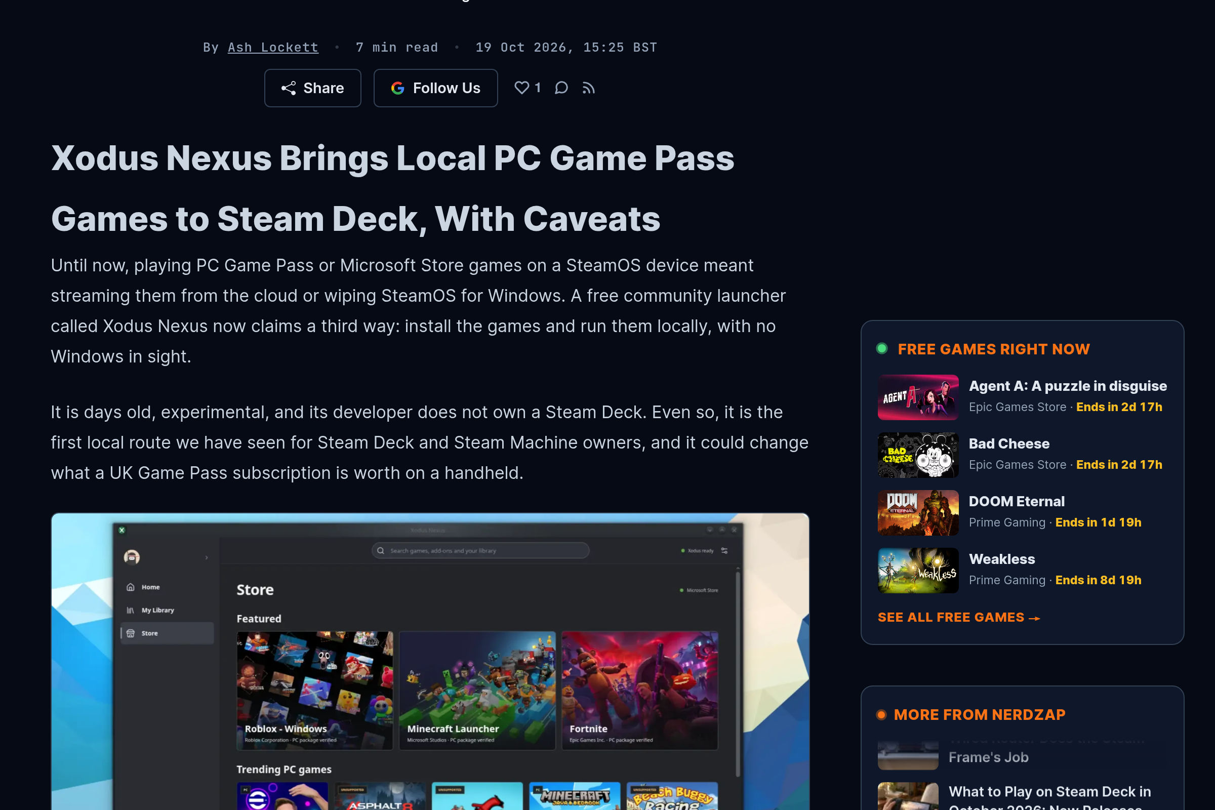 Article de NerdZap signé Ash Lockett le 19 octobre 2026, titré Xodus Nexus Brings Local PC Game Pass Games to Steam Deck, With Caveats