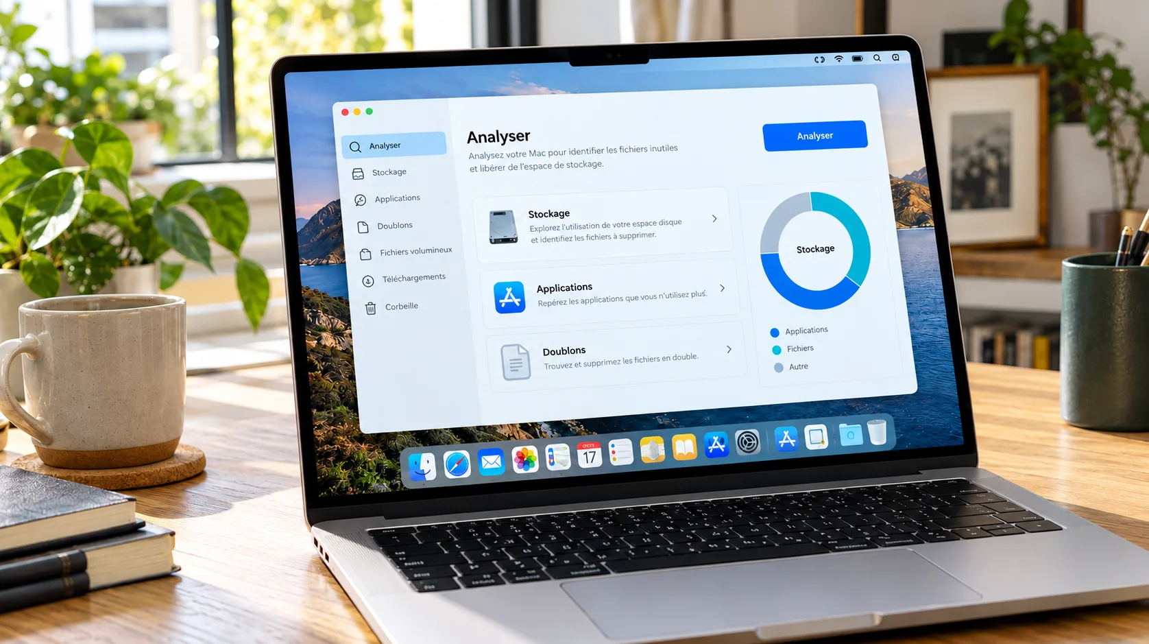 MacBook ouvert sur un bureau en bois, l'écran affiche une application d'analyse du stockage avec les rubriques Stockage, Applications et Doublons et un graphique circulaire