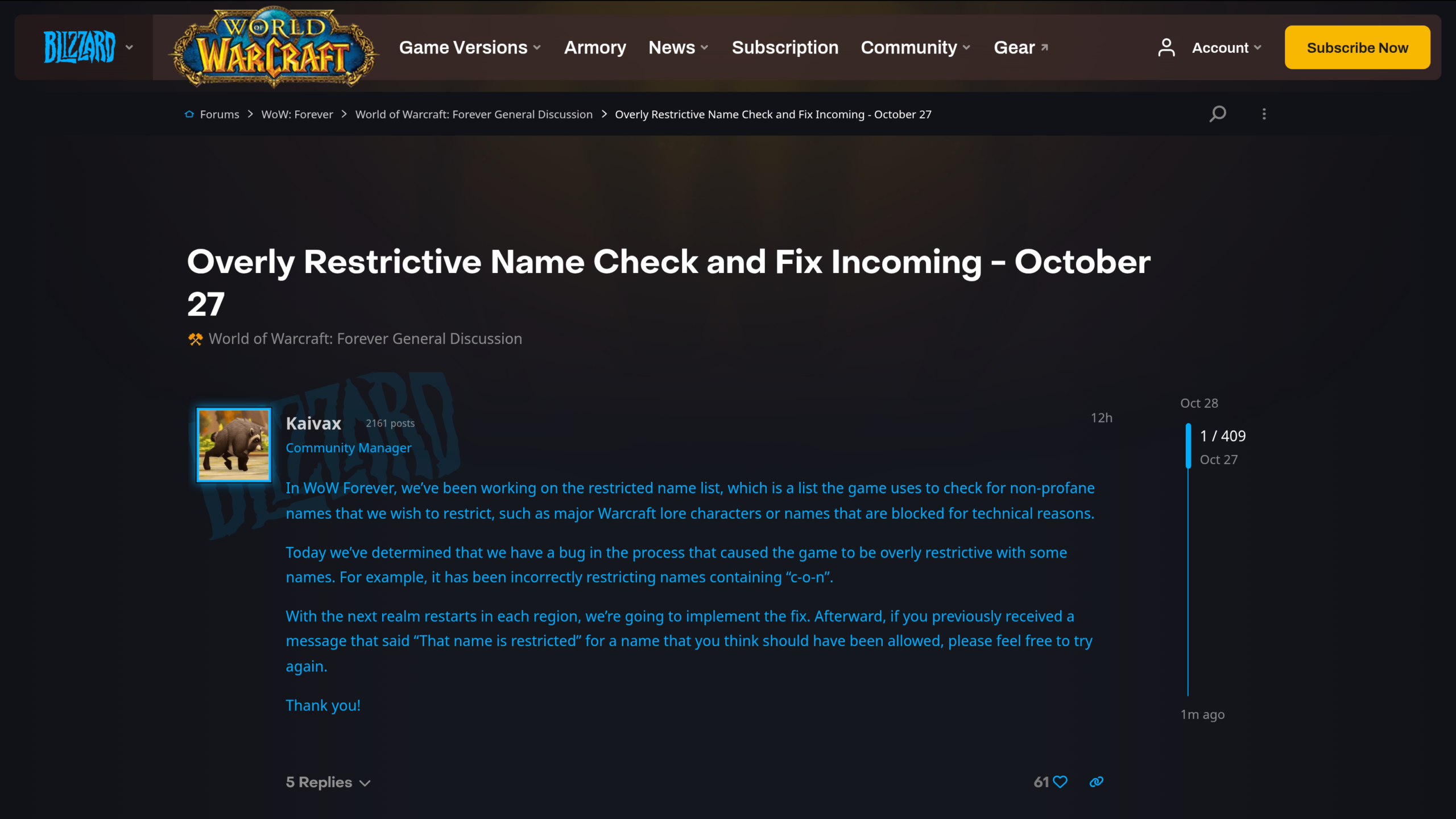 Message de Kaivax sur le forum Blizzard, titré « Overly Restrictive Name Check and Fix Incoming », avec le texte du correctif annoncé